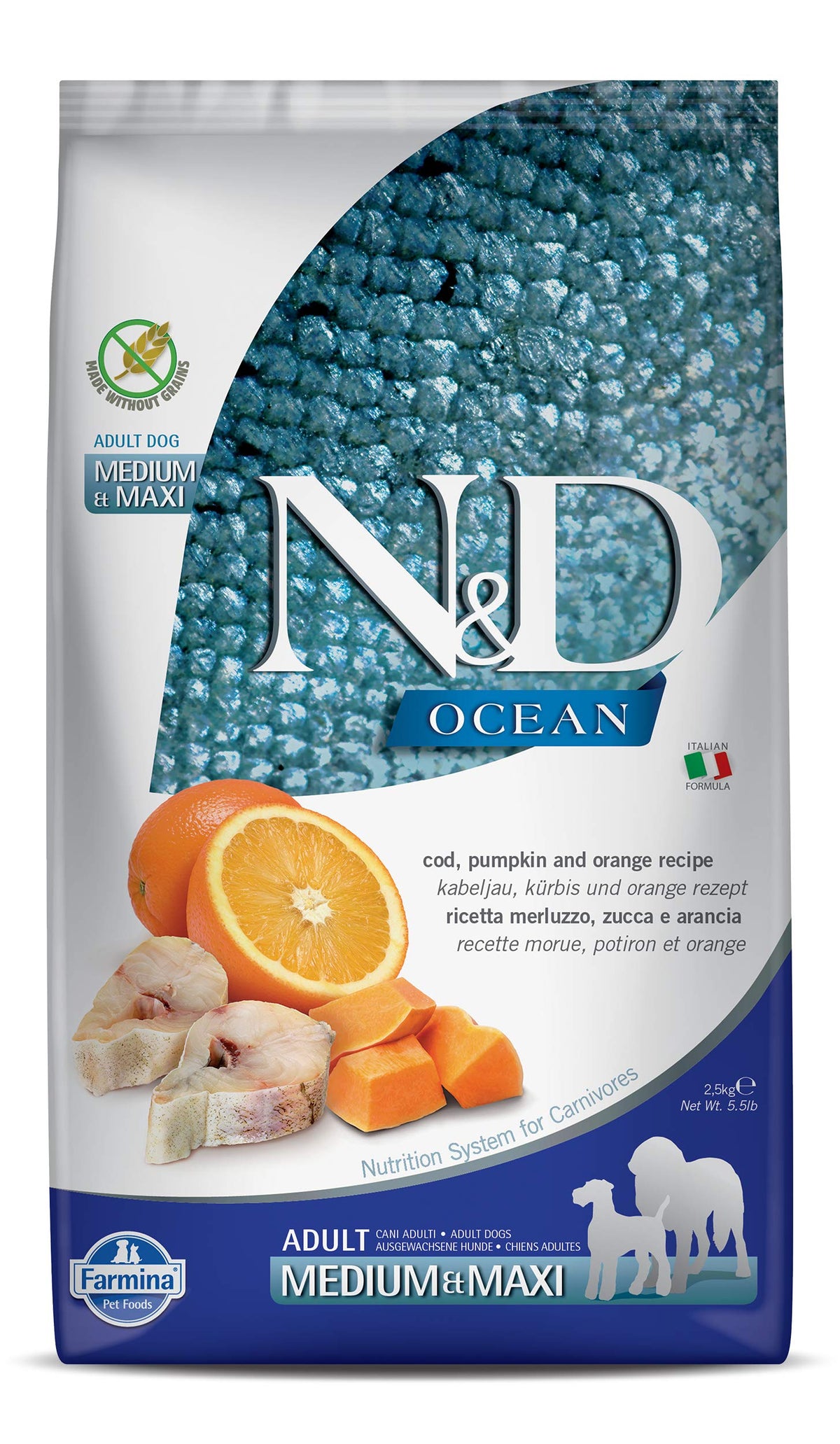 Farmina N&D Ocean Bacalao, calabaza y naranja, bolsa de 2,5 kg para perros adultos.