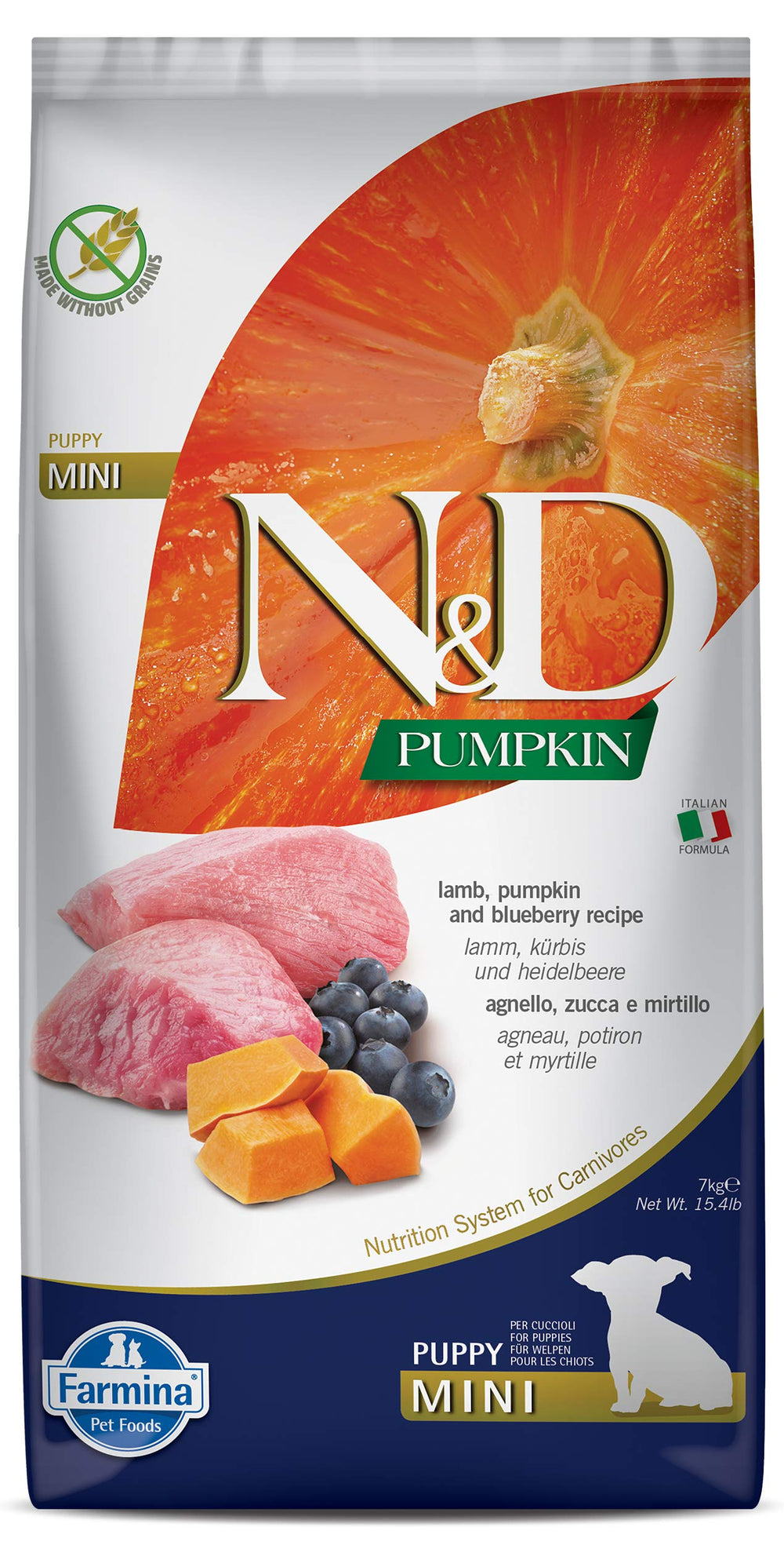 Farmina N&D Puppy seco mini cordero-arándano-calabaza, empaque práctico para alimentar a tu cachorro.