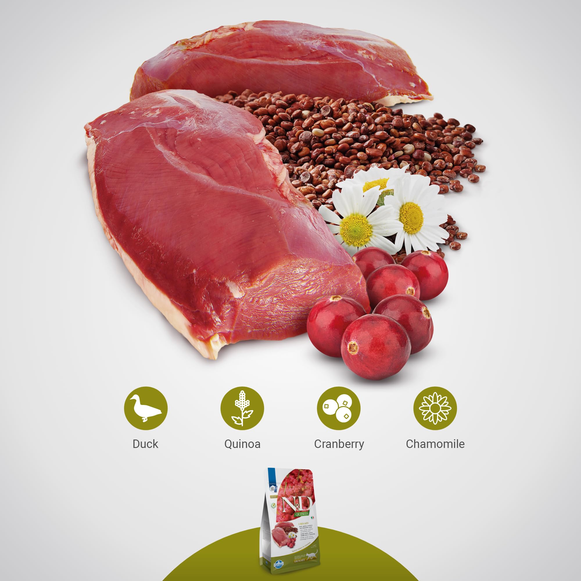 Detalle de ingredientes naturales en Farmina N&D Quinoa Urinaria Pato.