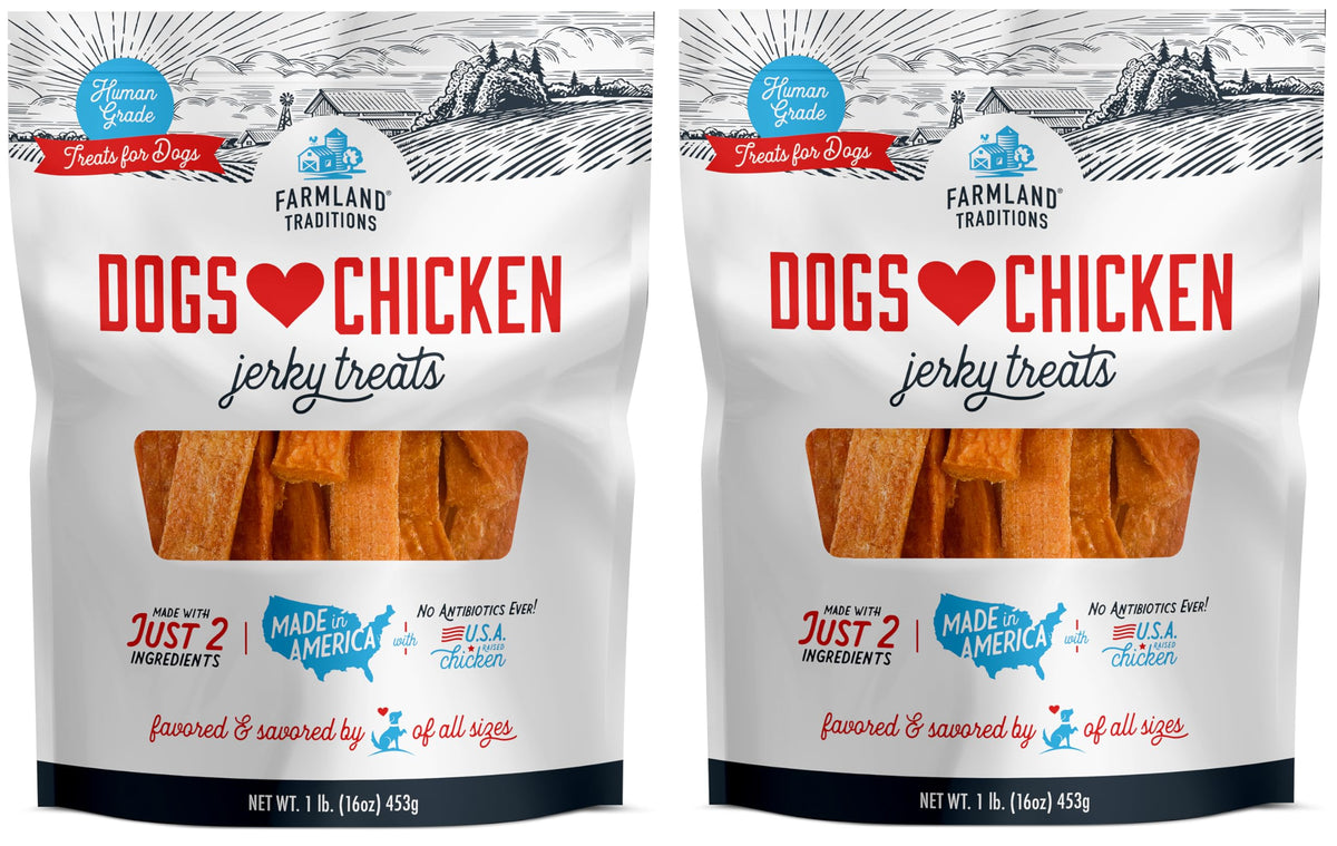 Empaque de Farmland Traditions Jerky de pollo en dos bolsas, ideal para premiar durante el entrenamiento.
