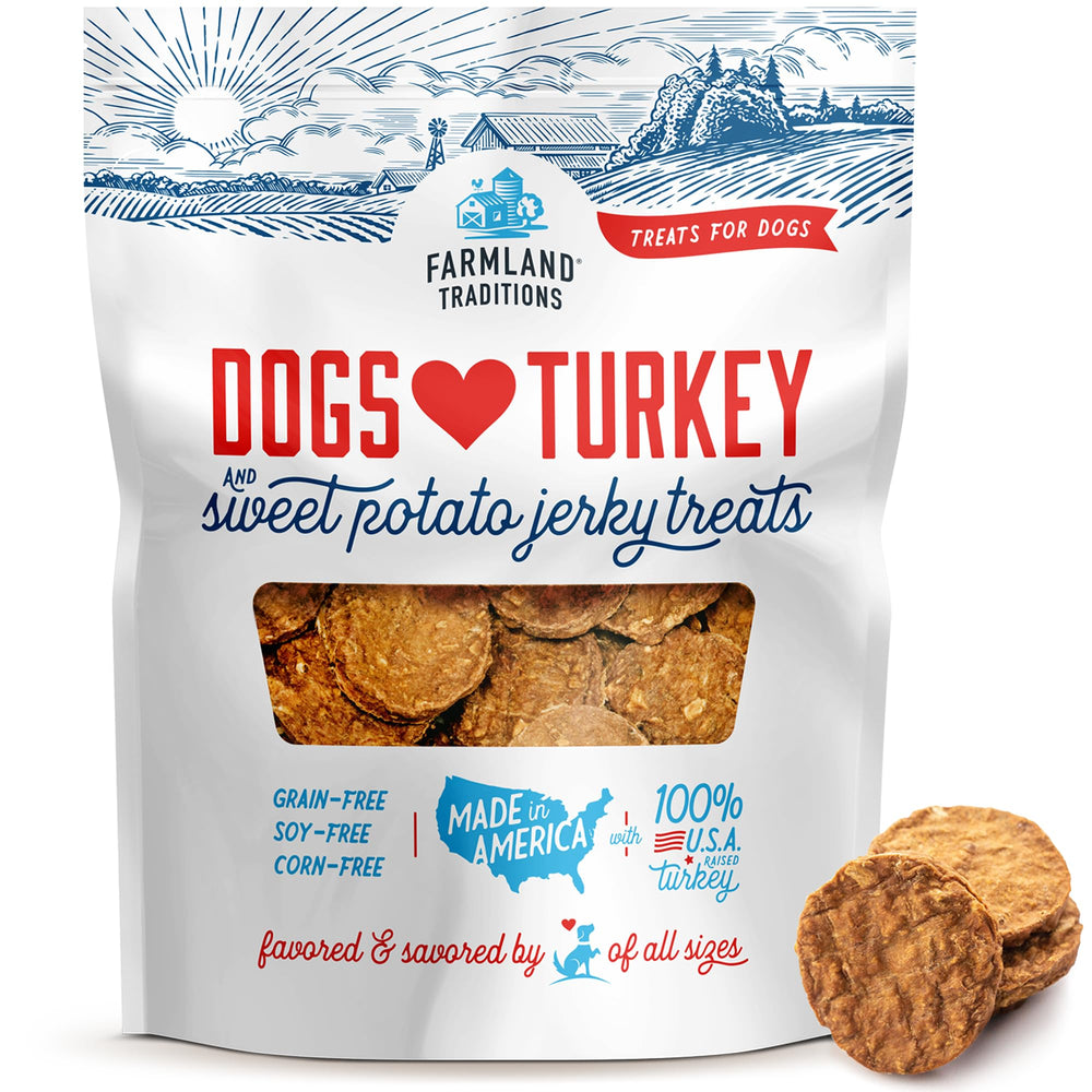 Golosinas Farmland Traditions de pavo y batata para perros, snack diario.