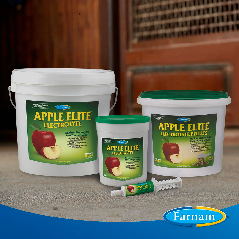 Farnam Apple Elite, para caballos de resistencia, mantiene minerales clave durante el sudor.