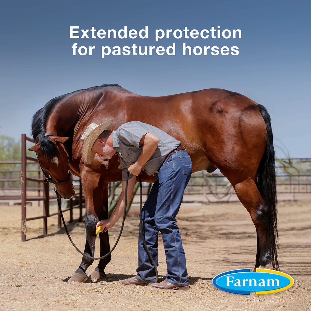 Farnam Equi-Spot resiste sudor y lluvia para protección sostenida.