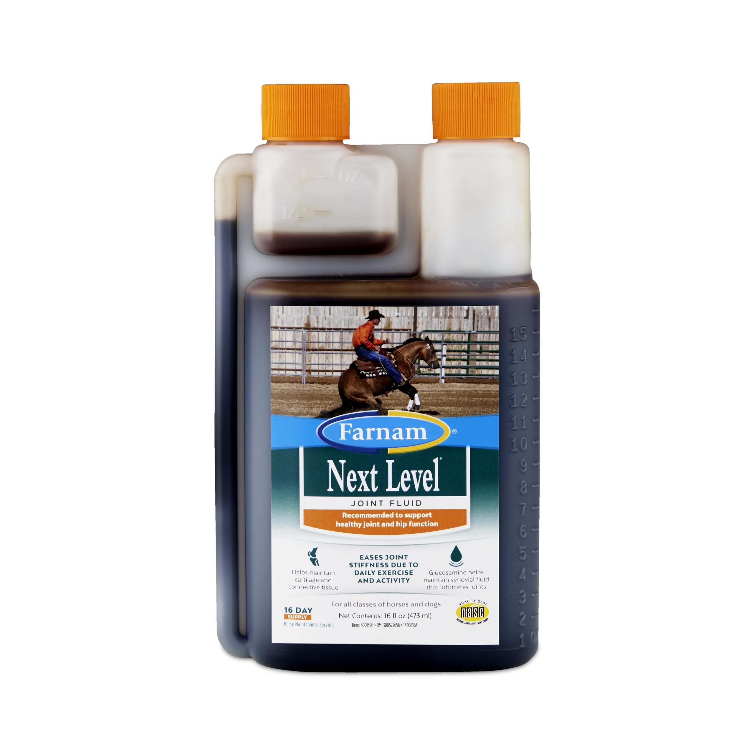 Farnam Next Level Joint Fluid se vierte sobre la ración diaria para apoyar articulaciones.