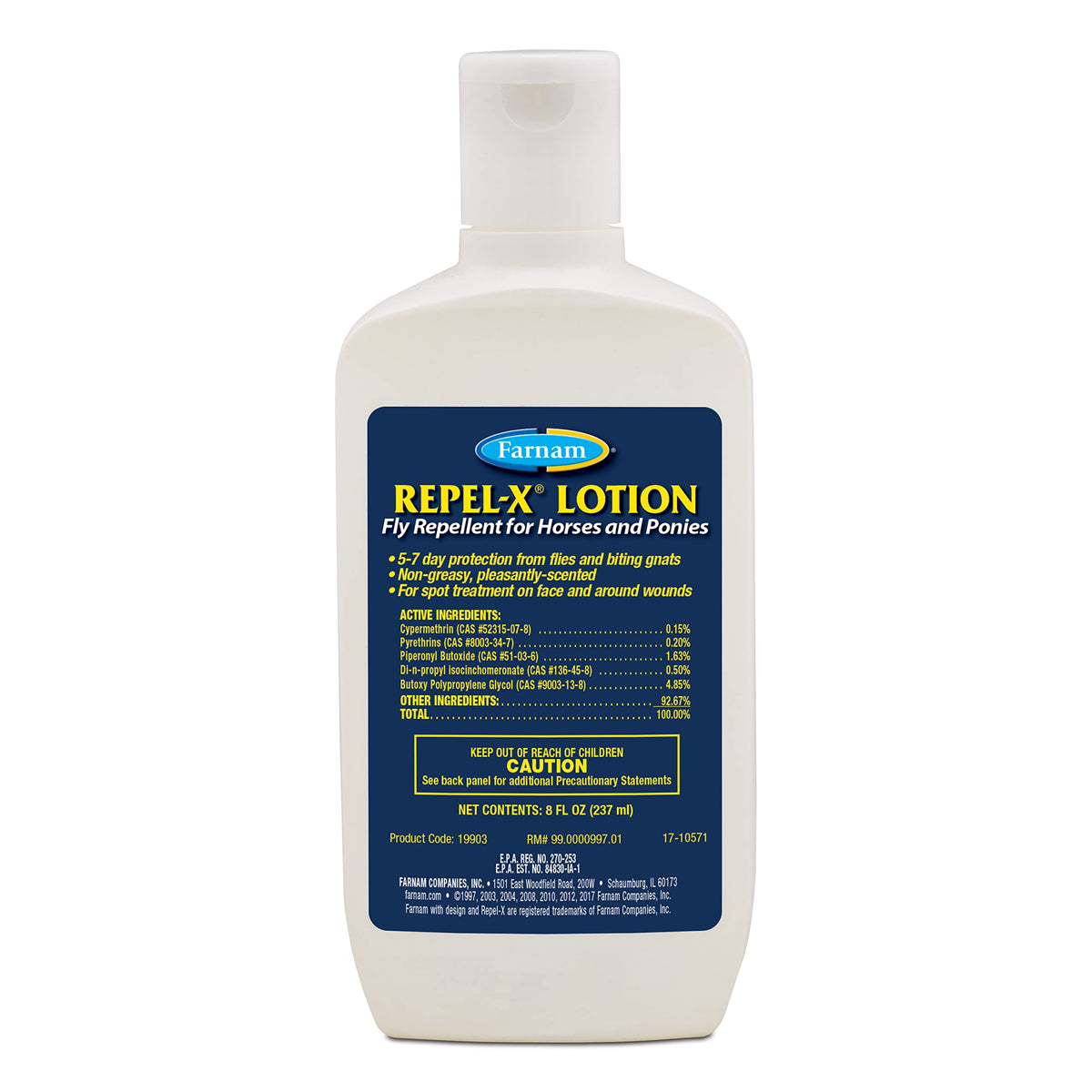 Loción Farnam Repel-X en envase con tapón para aplicación con una mano.