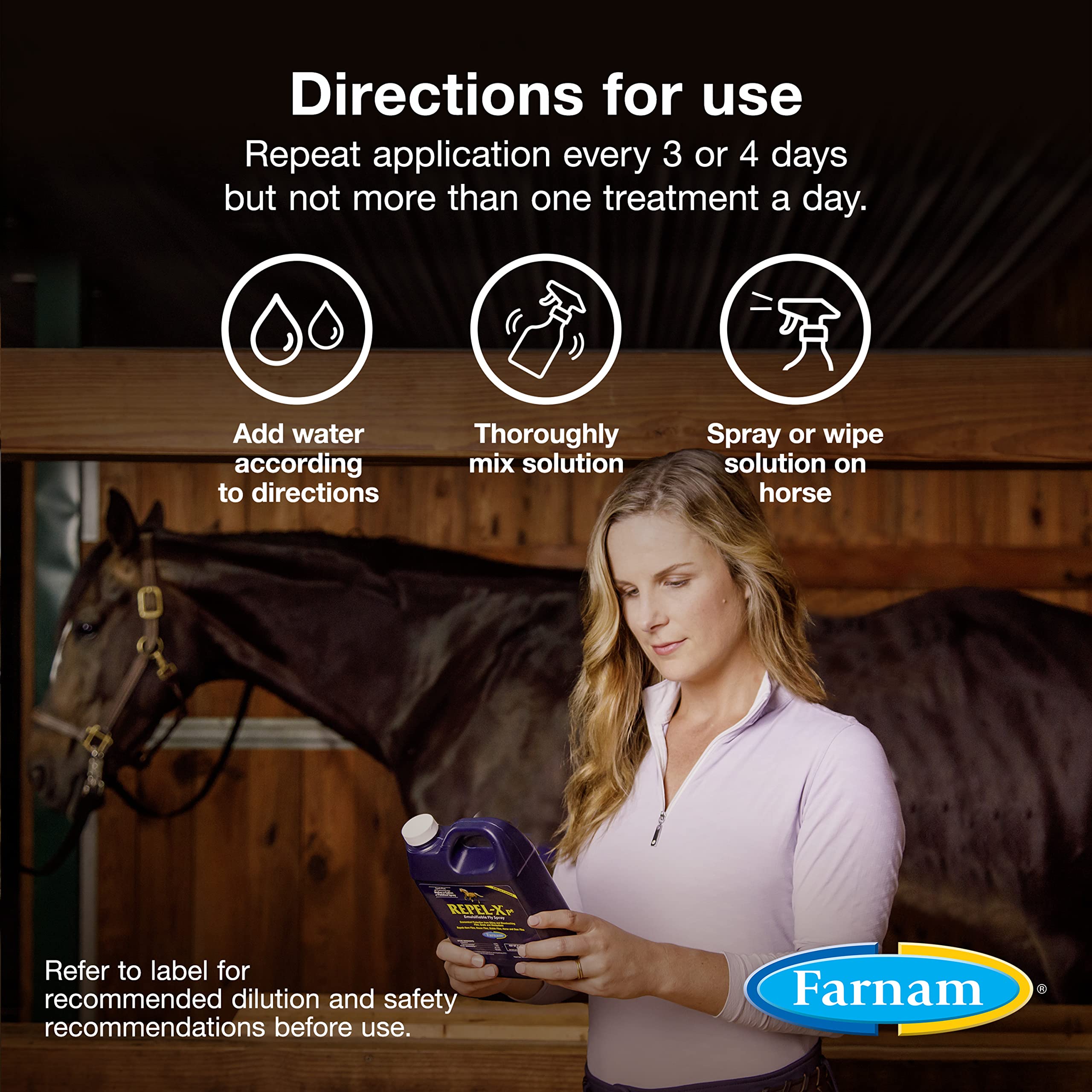 Control de insectos alrededor de caballos y establos con Repel-Xpe.