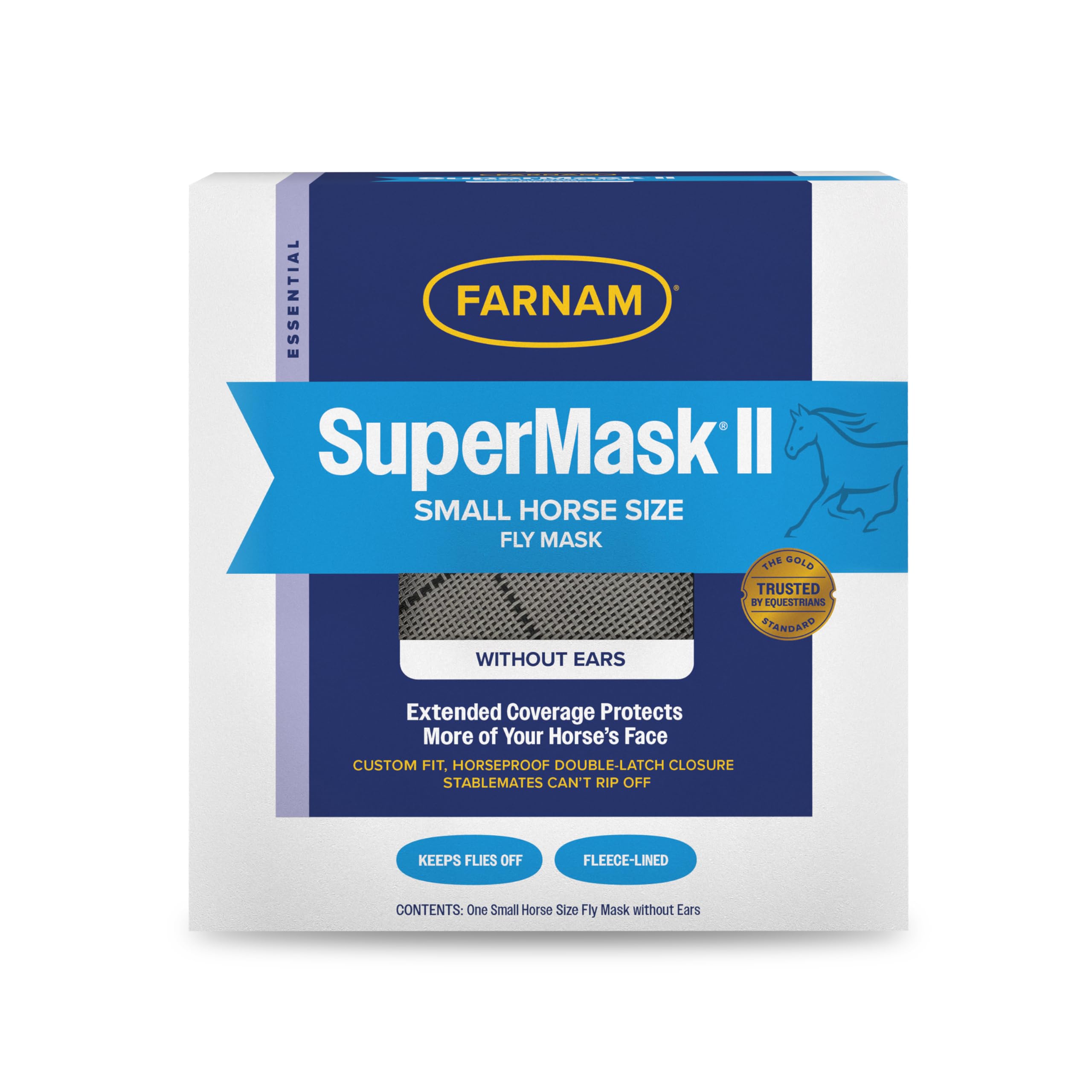 Farnam SuperMask II para caballos sin orejas, vista frontal, protección contra insectos.