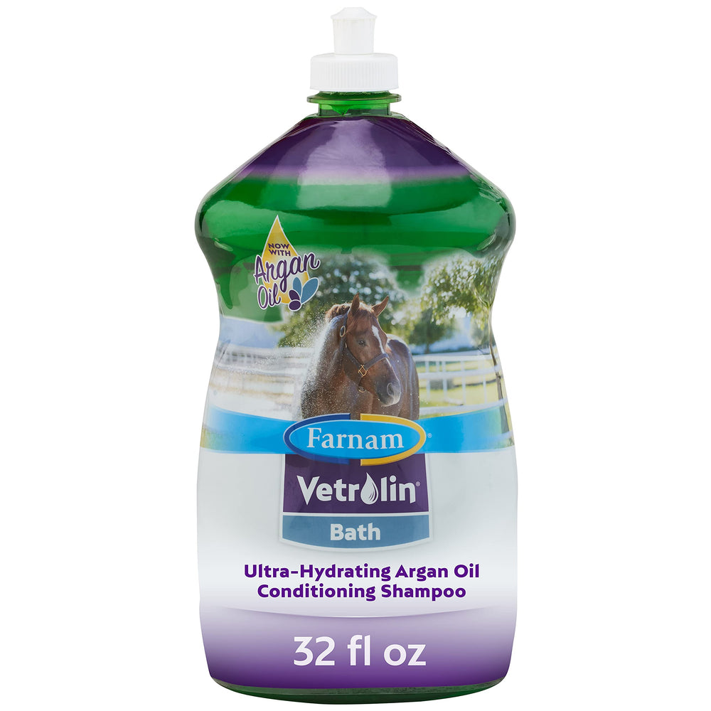 Farnam Vetrolin Bath: botella vertido muestra uso suave y eficaz para el baño de caballos
