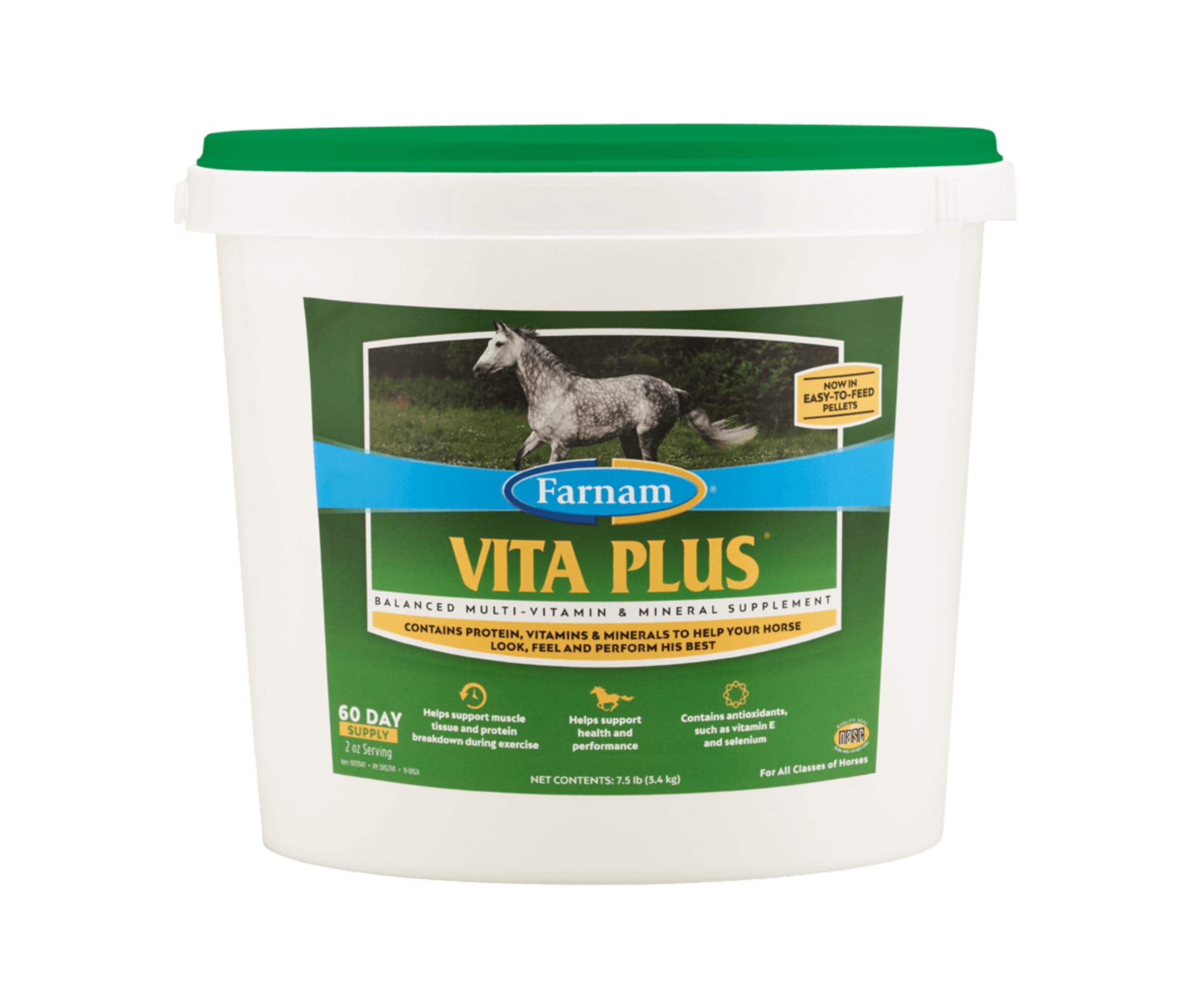 Farnam Vita Plus pellets en empaque, nutrición equilibrada para caballos.