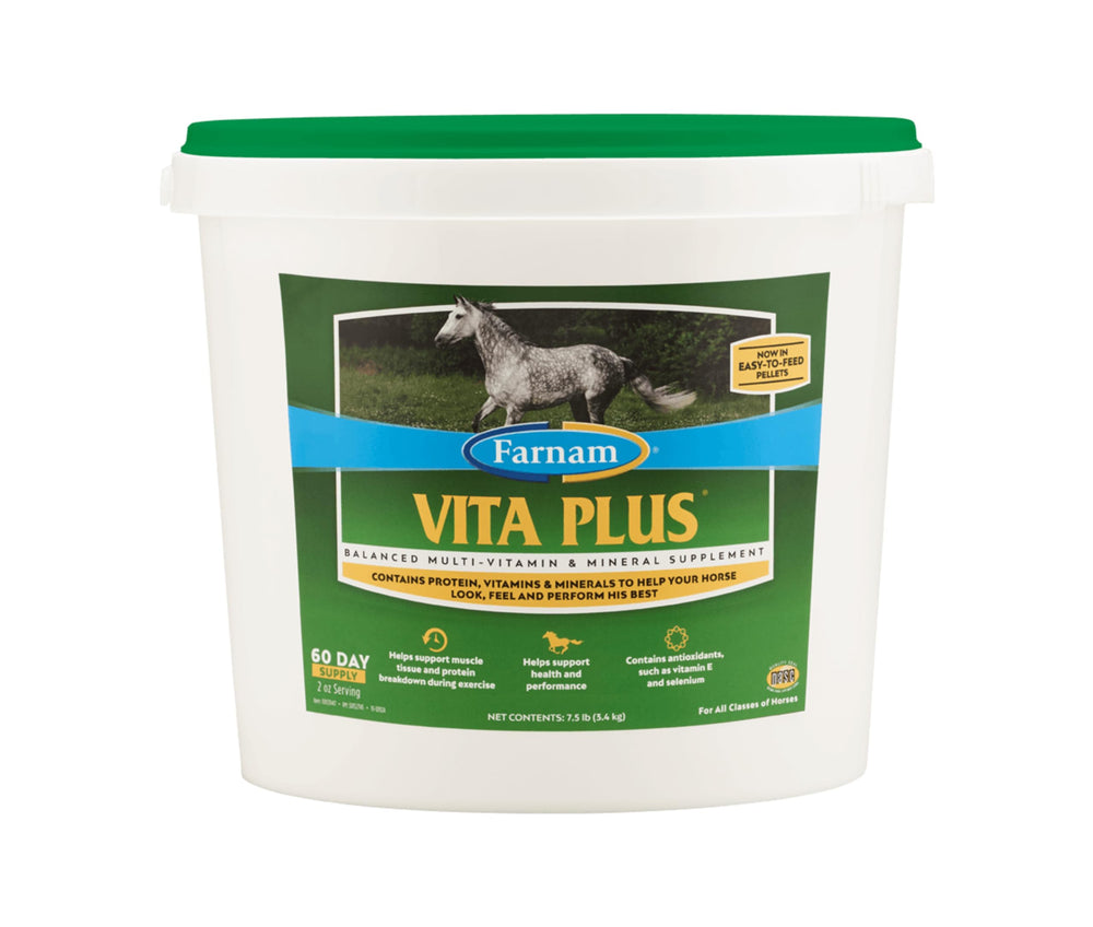 Farnam Vita Plus pellets en empaque, nutrición equilibrada para caballos.