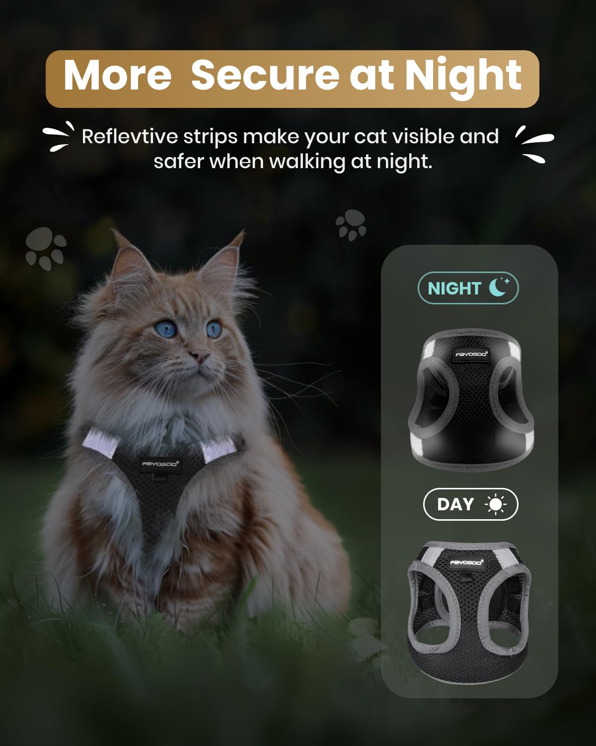 FAYOGOO arnés de gato XL negro con banda reflectante para paseos nocturnos