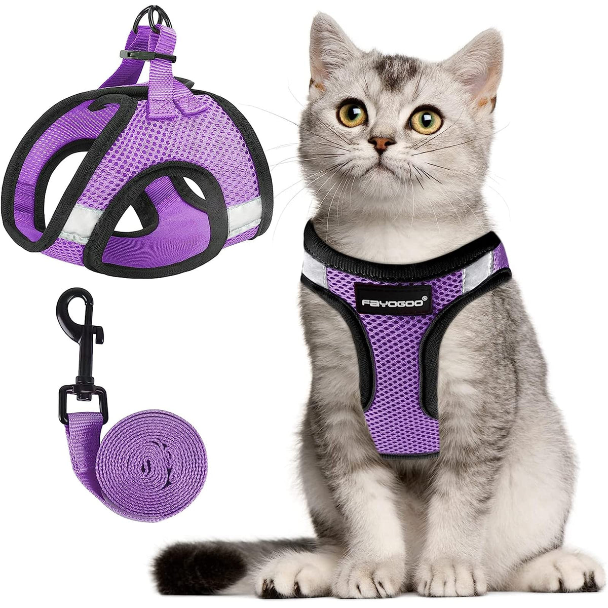 Arnés Fayogoo para gato ajustable evita escapar durante paseos.