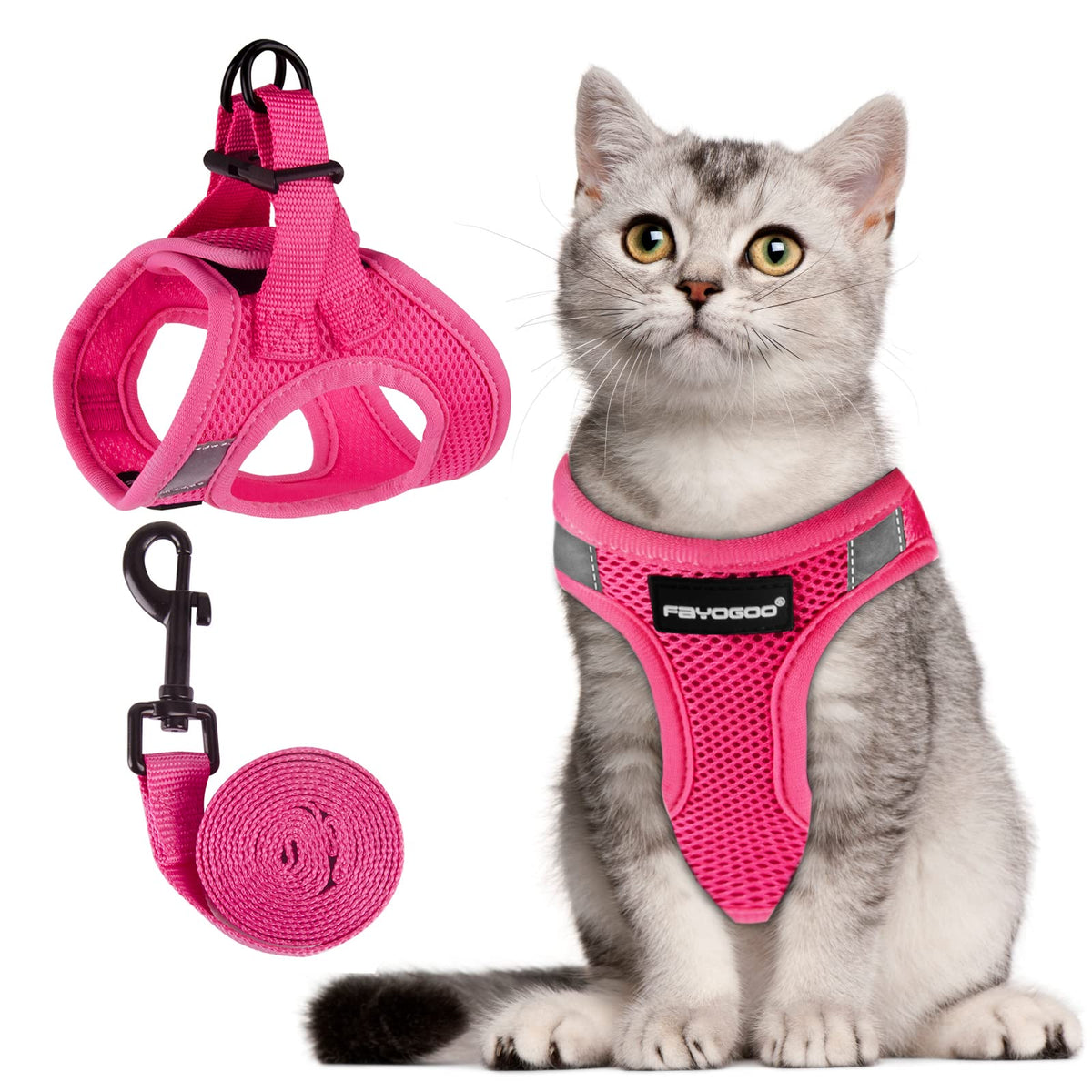 Harnais FAYOGOO pour chat en rose avec laisse, confort léger et usage quotidien.