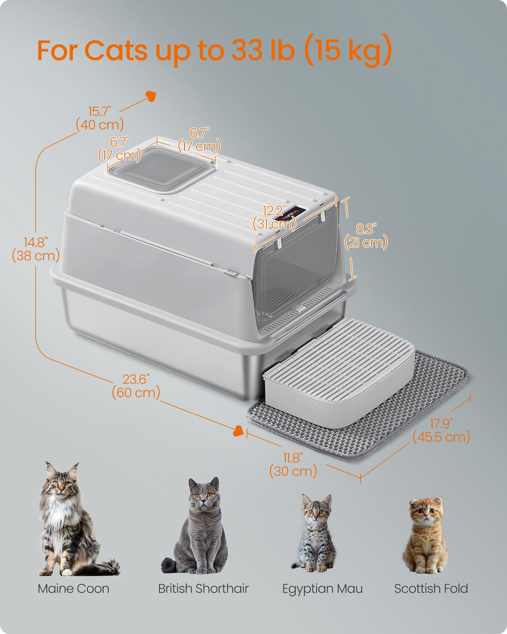 Feandrea capacidad de 7.5 galones, ideal para hogares con varios gatos.