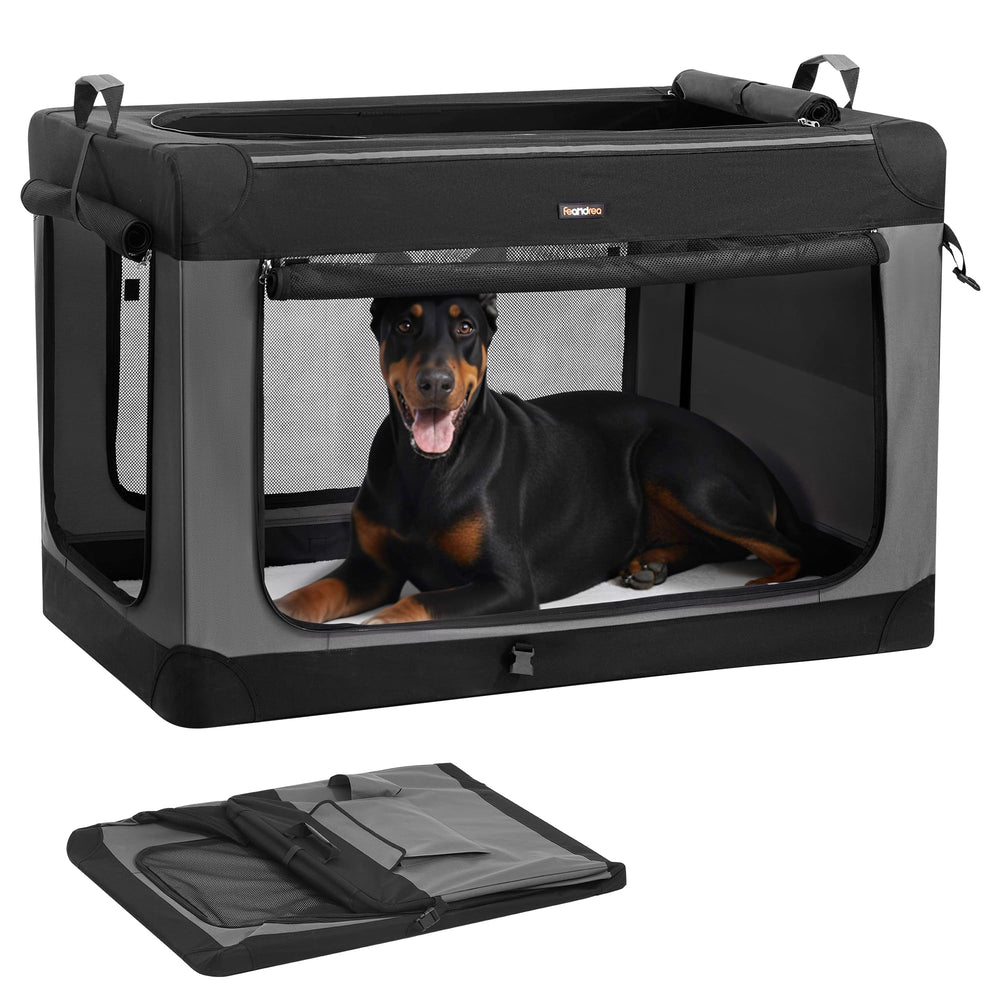 Feandrea jaula plegable para perros, vista externa, ideal para viajes y transporte cómodo.