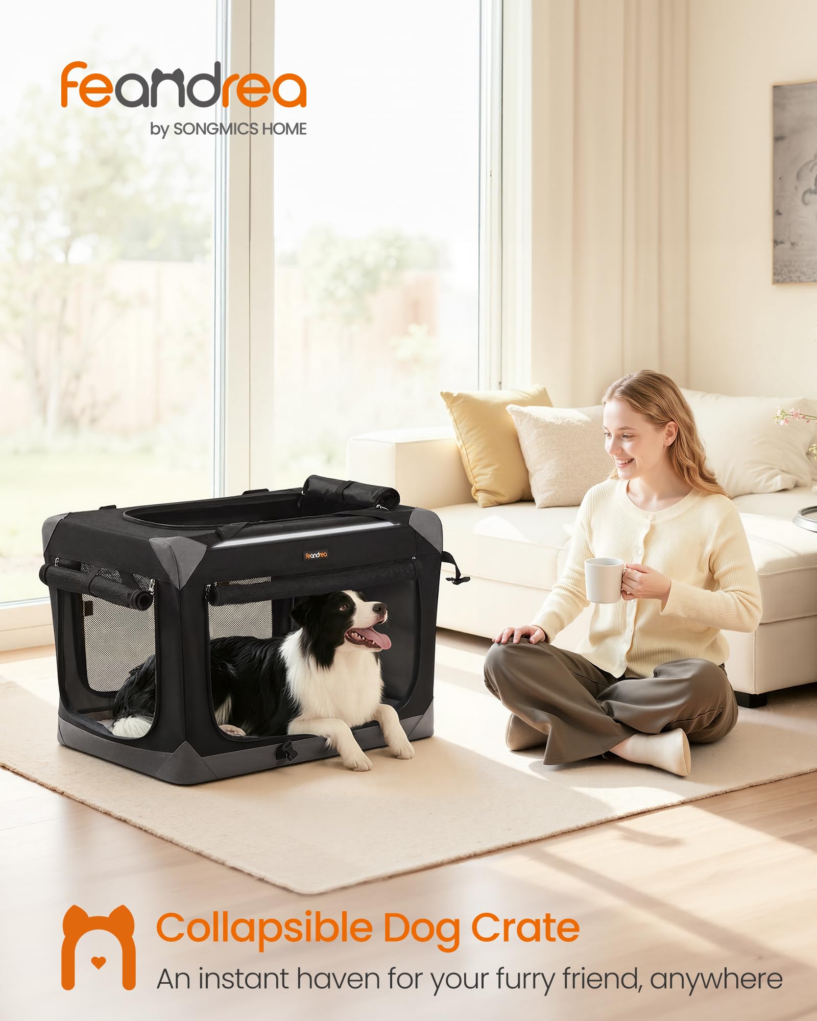 Feandrea jaula para perros, marco de acero y lona Oxford, ideal para viaje estable.