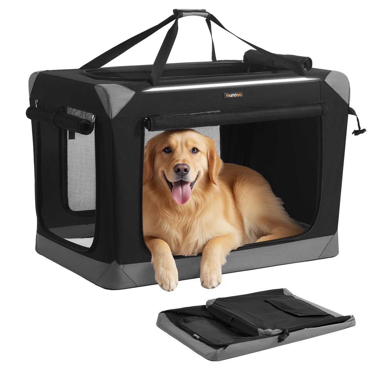 Feandrea jaula plegable para perros con puertas de malla para ventilación y confort.