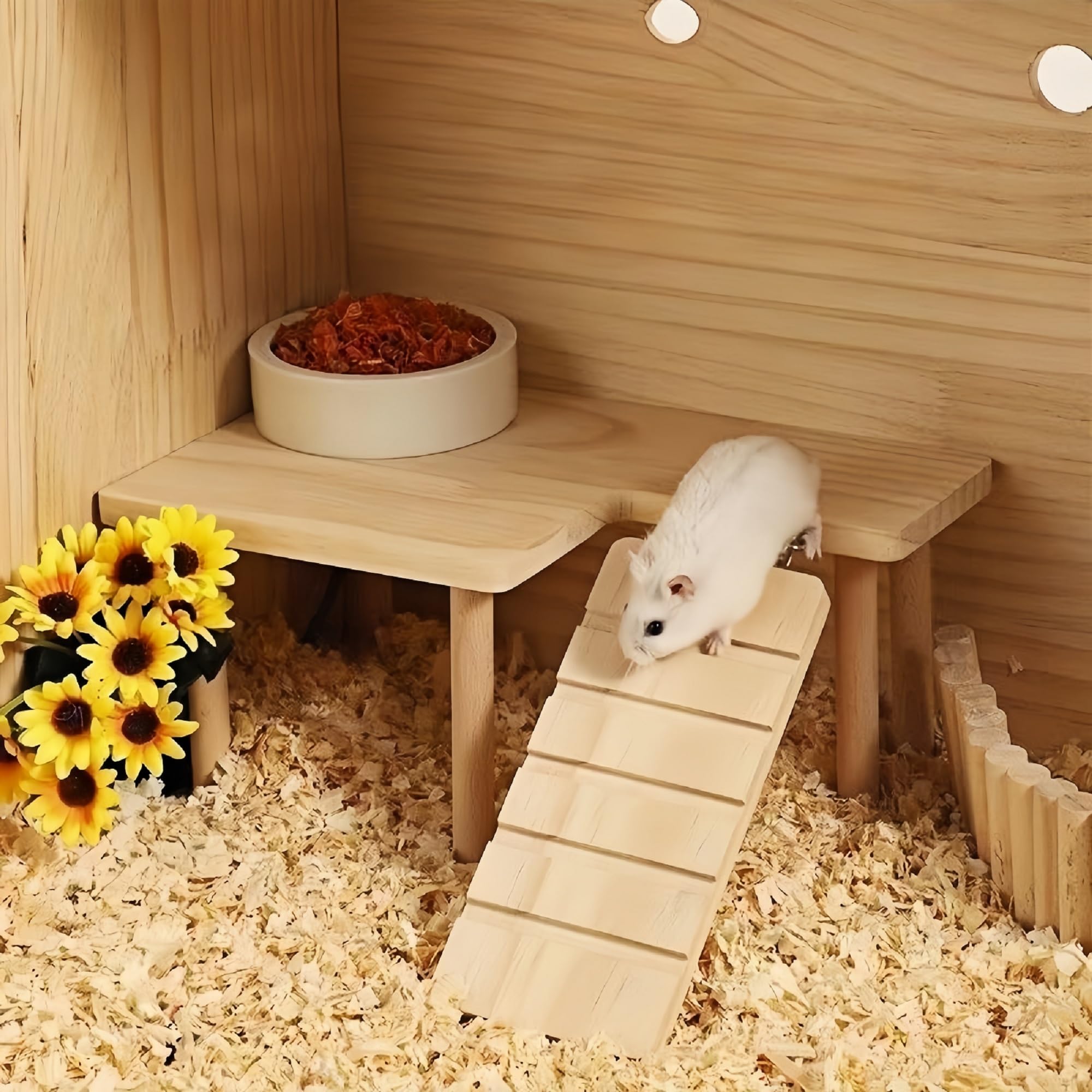 Feiena plataforma de madera para hamster, diseño natural que encaja en jaulas grandes.