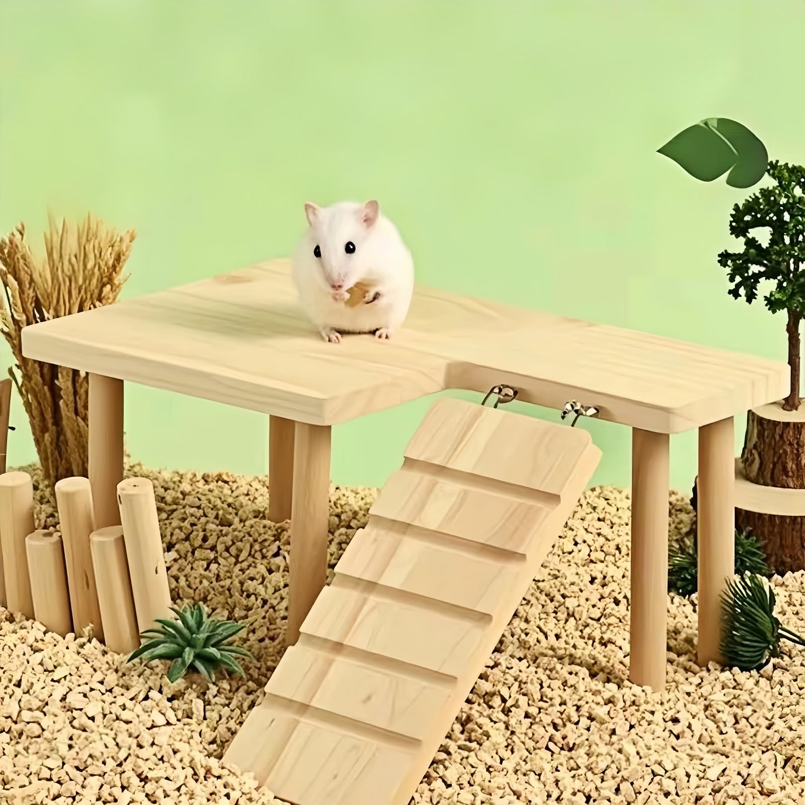 Feiena plataforma de madera para hamster, soporte para agua y comida integrado.