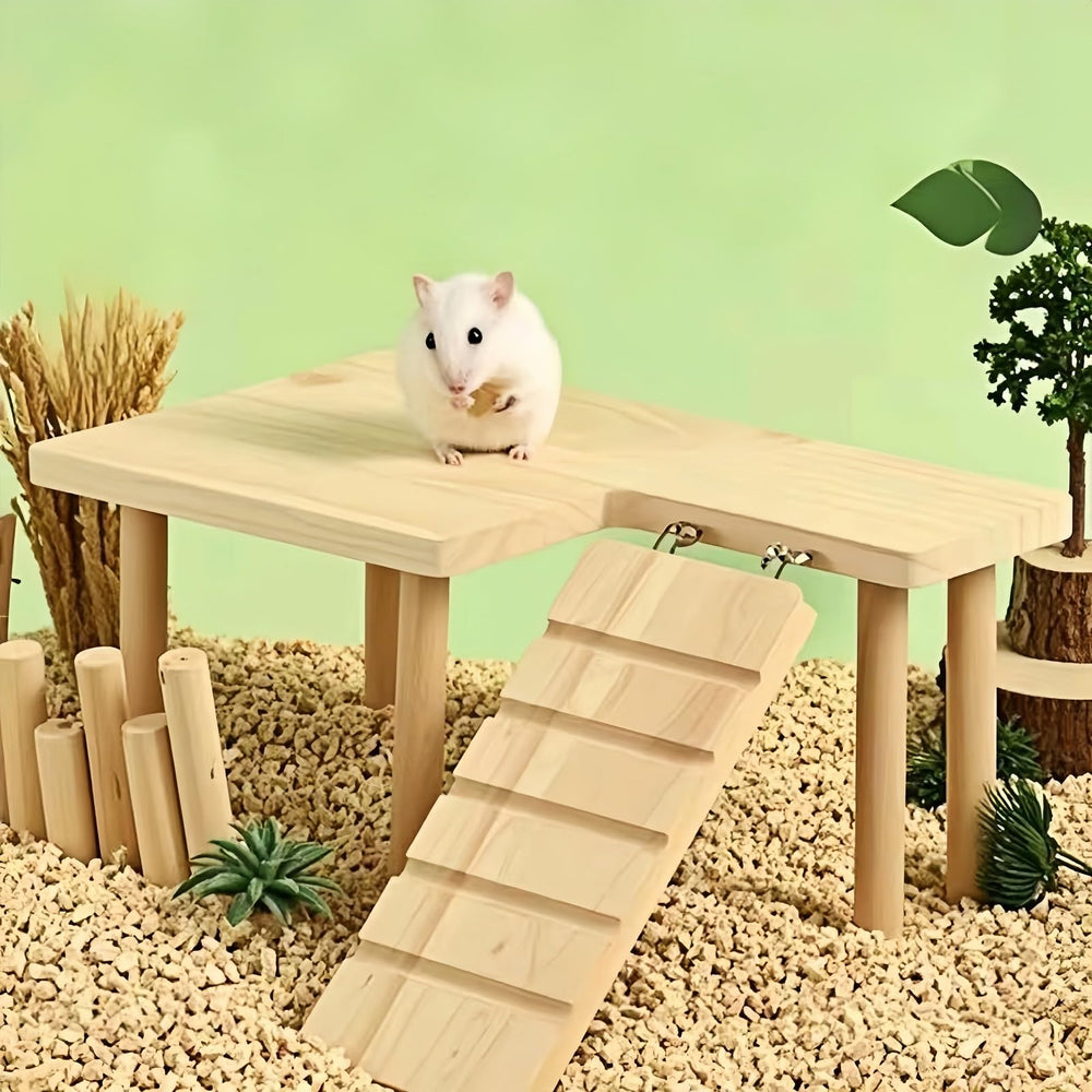 Feiena plataforma de madera para hamster, soporte para agua y comida integrado.