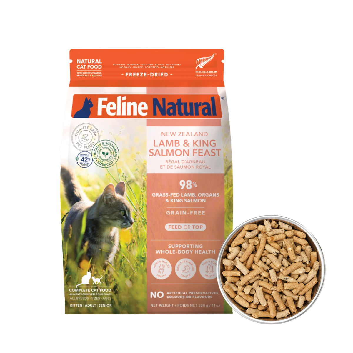 Feline Natural alimento seco para gatos de alta proteína con cordero y salmón