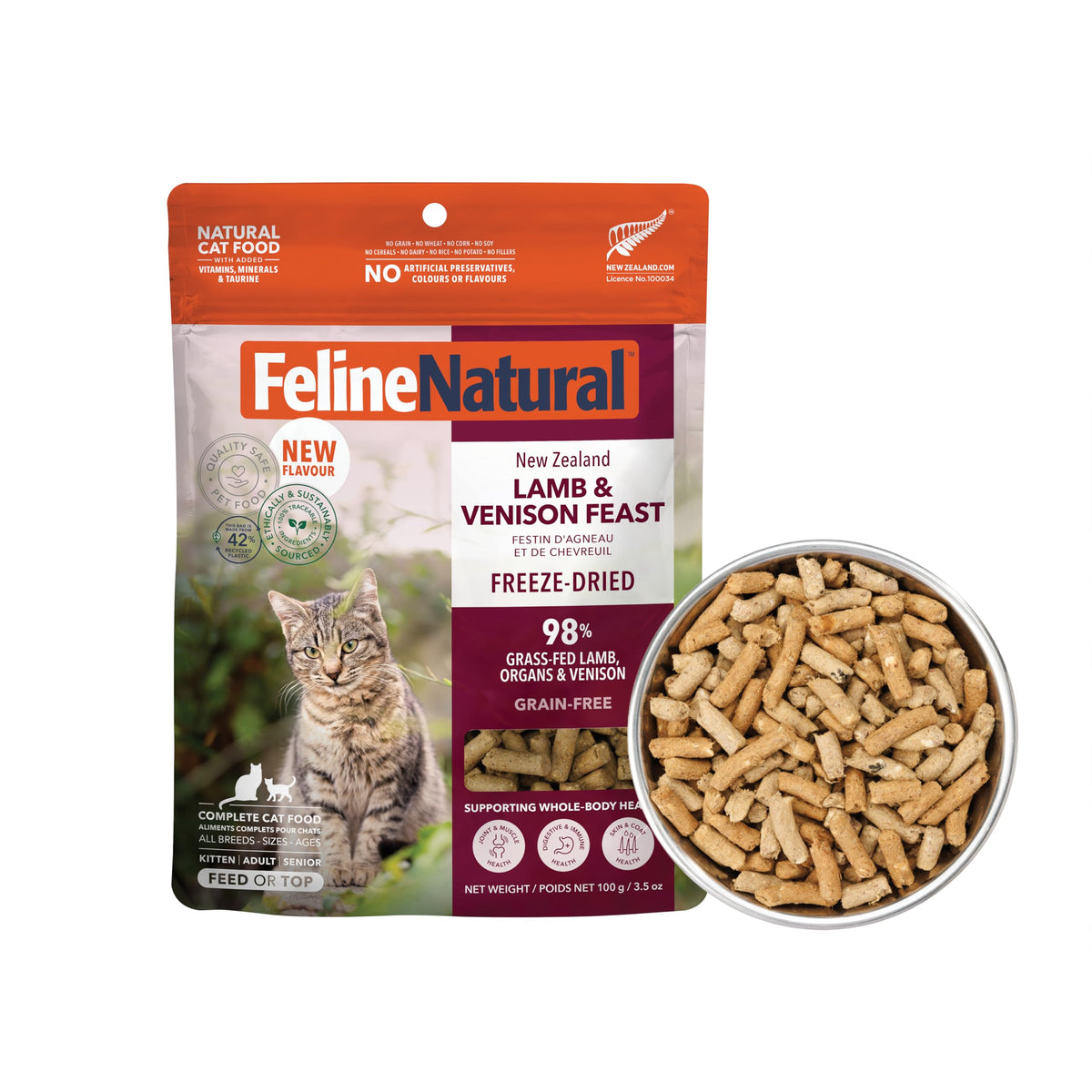 Feline Natural comida para gatos deshidratada cordero y venado, nutrición alta en proteína.