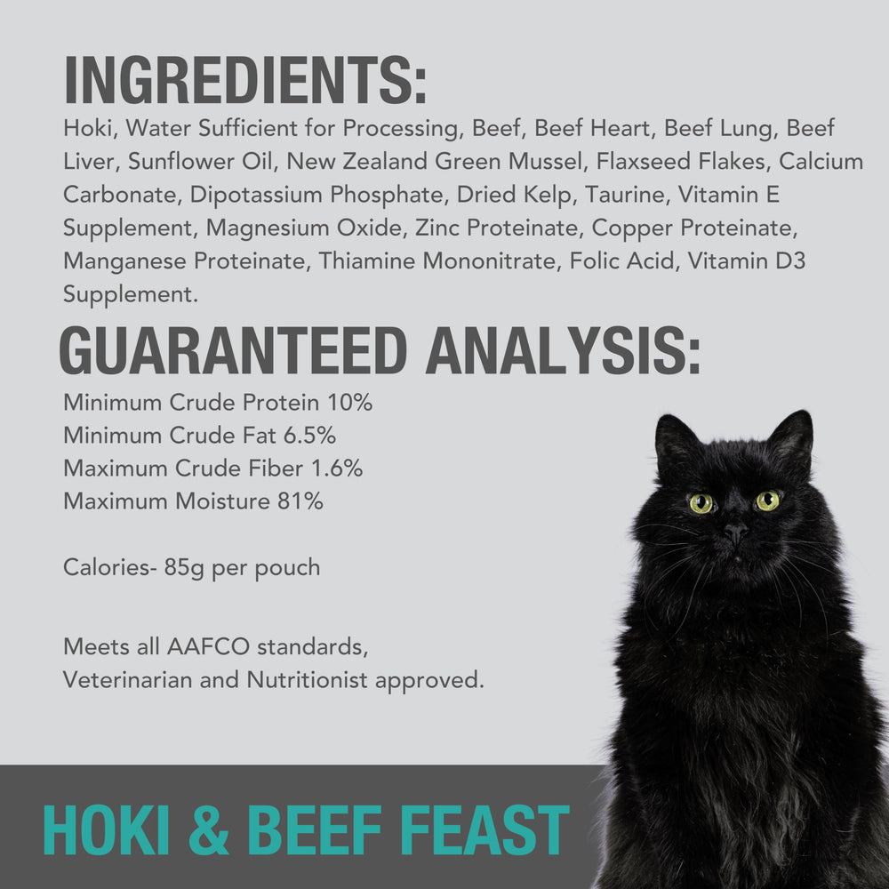 Feline Natural pate-gato etiqueta clara en bolsa, conveniencia y control de porciones.