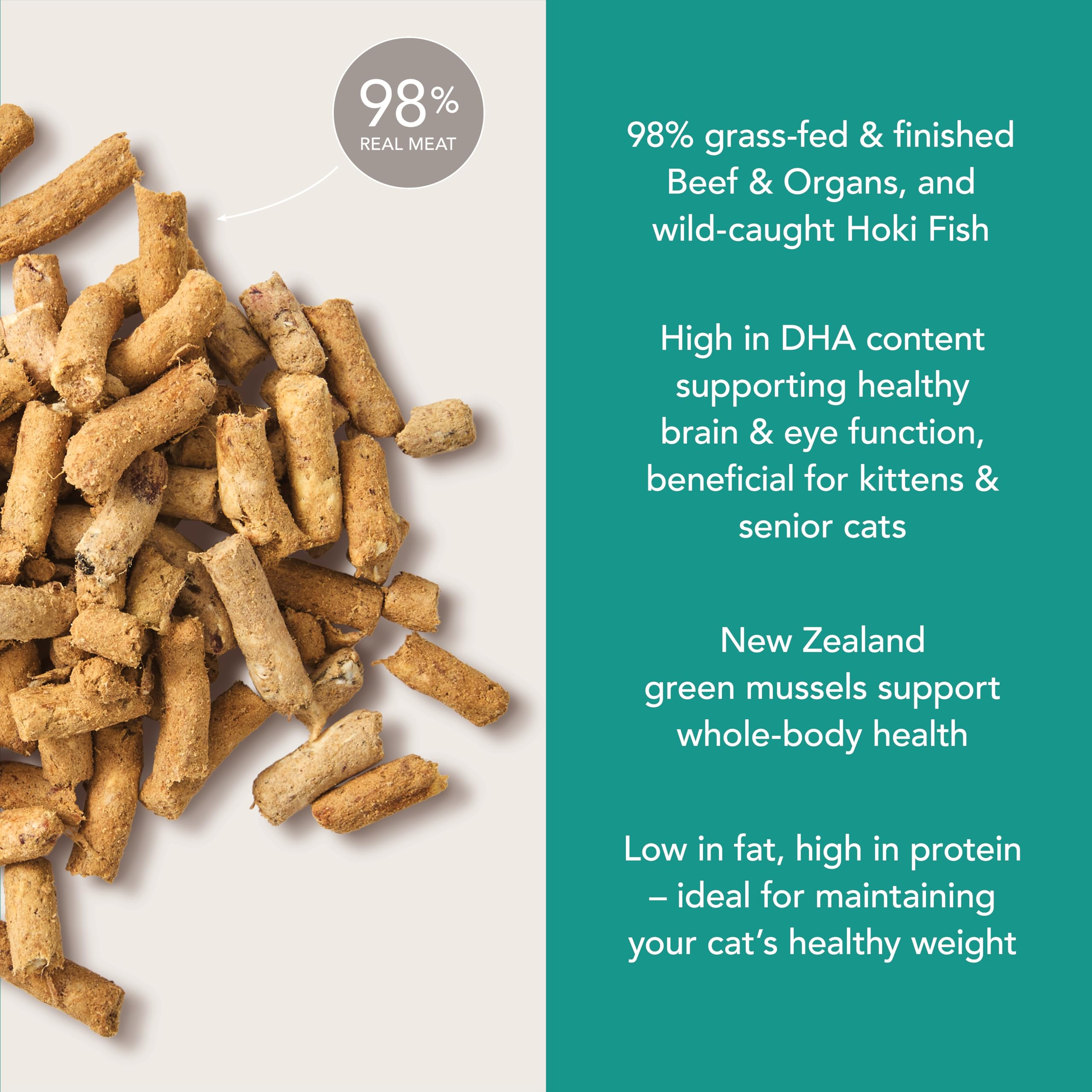 Felinenatural fuente de proteína de presa entera sin granos ni rellenos.