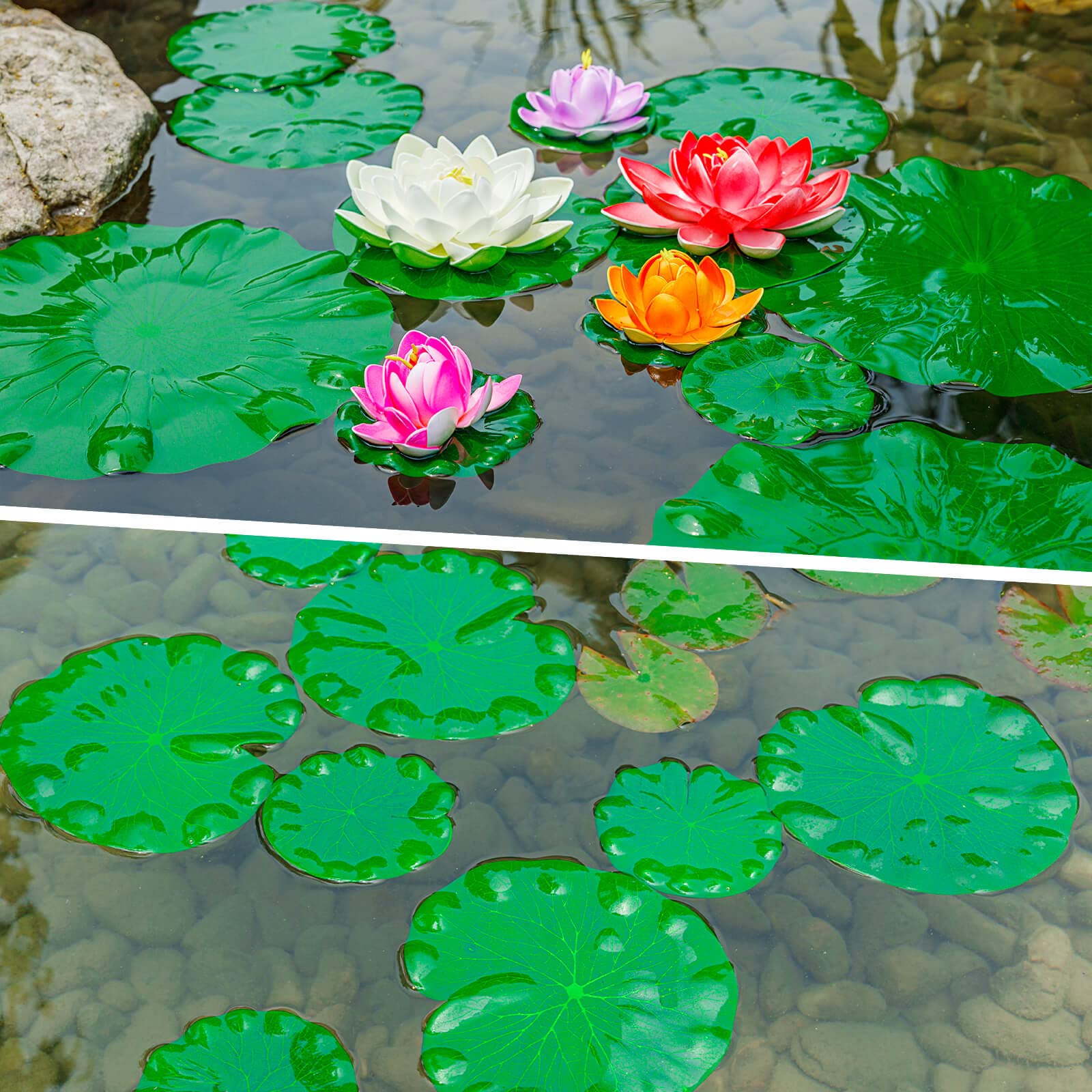 FFNIU hojas flotantes de lirio para estanques koi y piscinas, aportan movimiento suave.