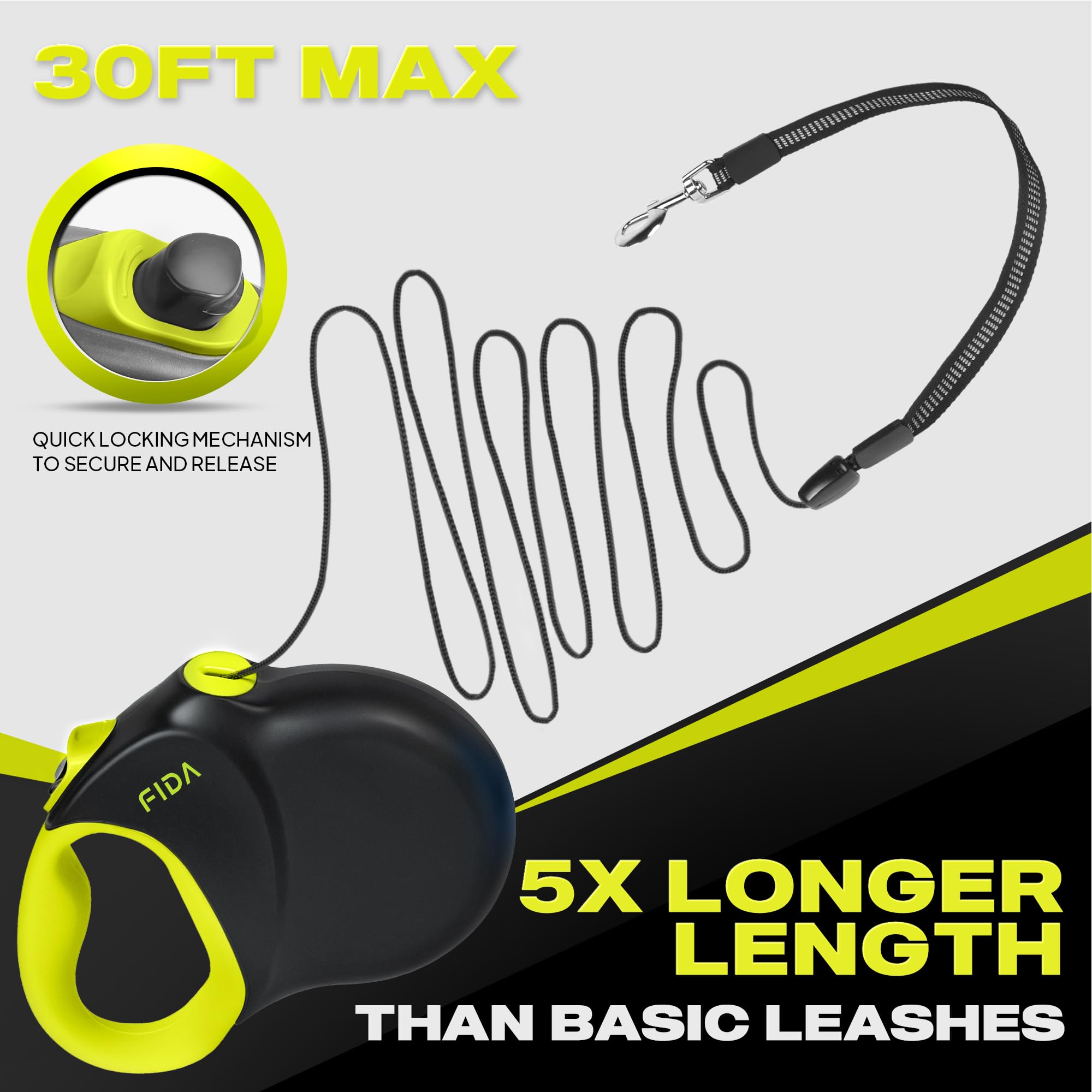 Cuerda nylon antienredos Fida 30 ft facilita paseos sin nudos.