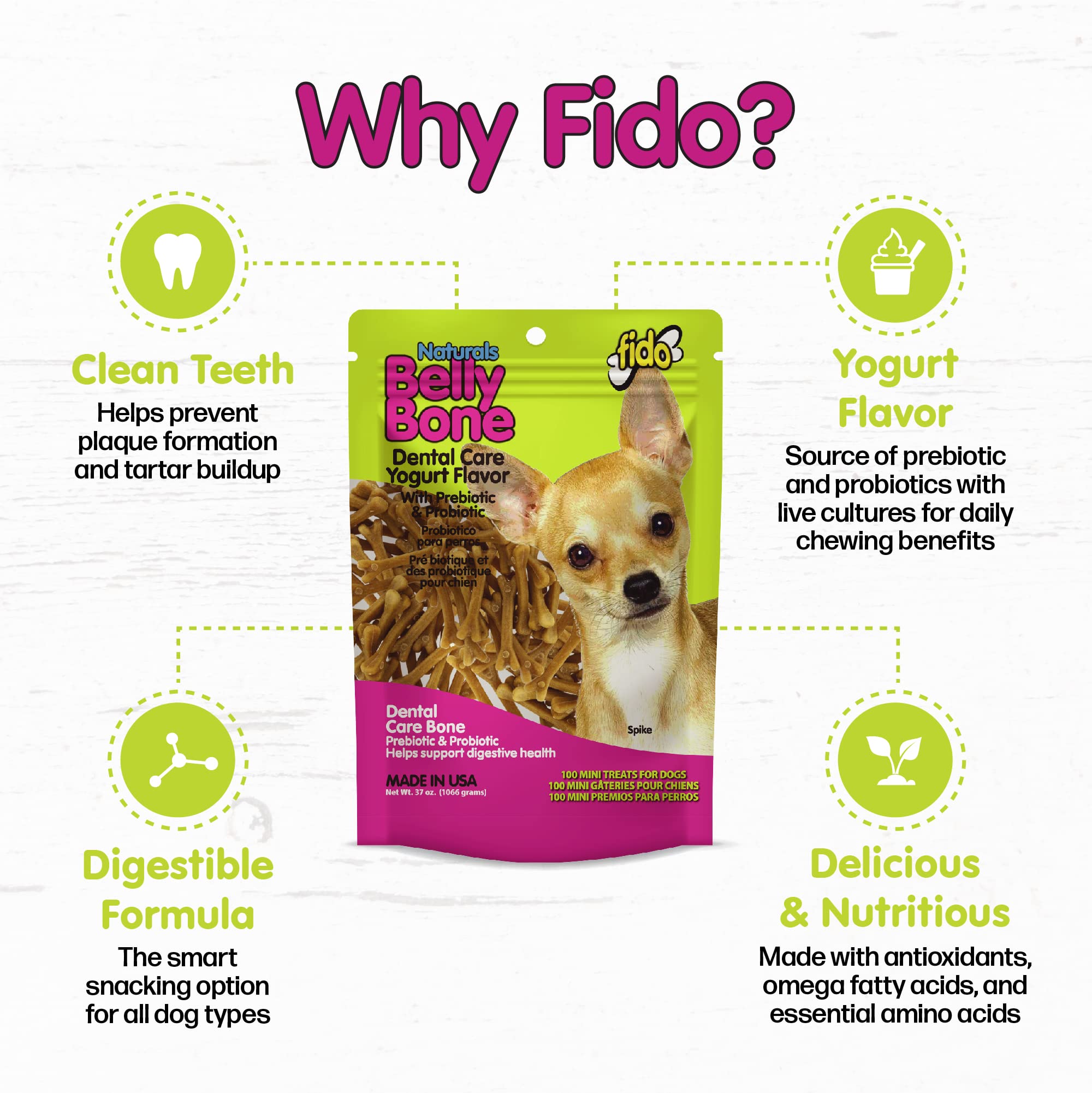 Fido Belly Bones mini sabor yogur, delicioso para perros pequeños
