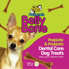 Fido Belly Bones Mini Yogur: perro sosteniendo un hueso para masticar.