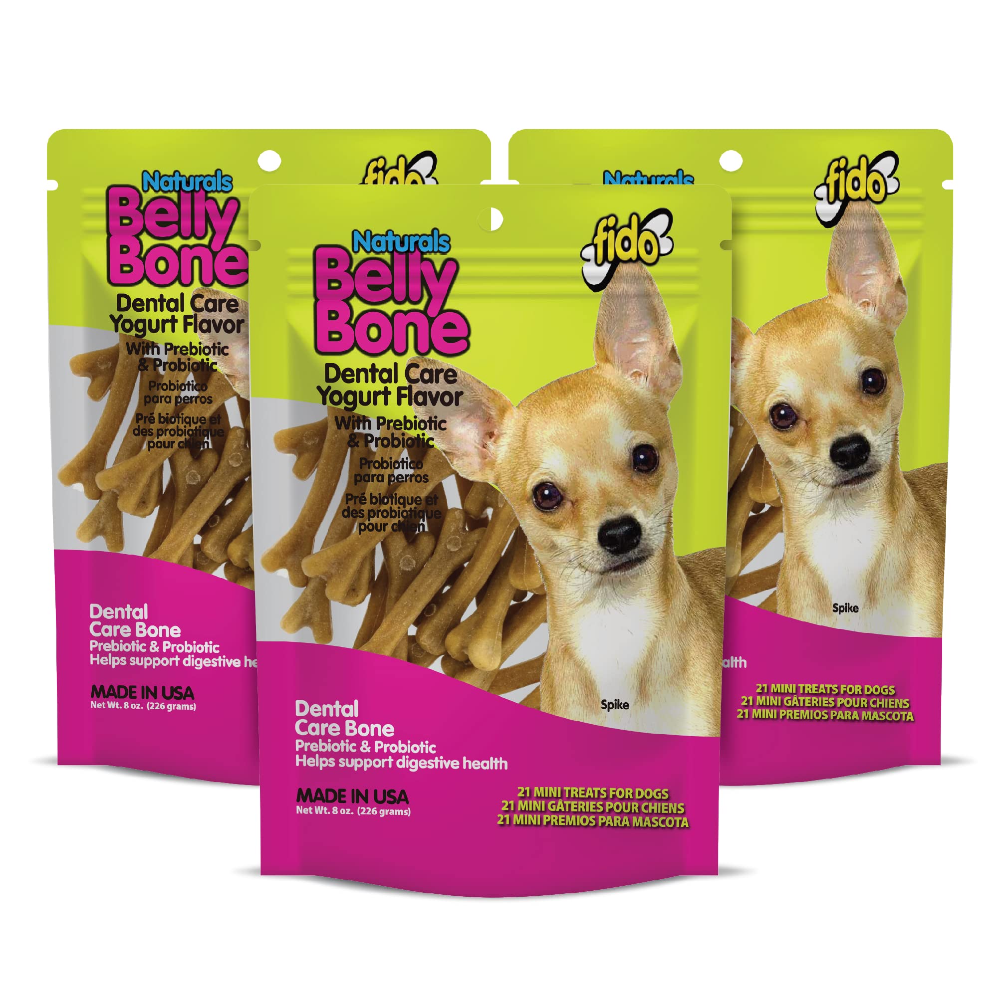 Fido Belly Bones mini yogur: huesos dentales para perros pequeños con aliento más fresco.