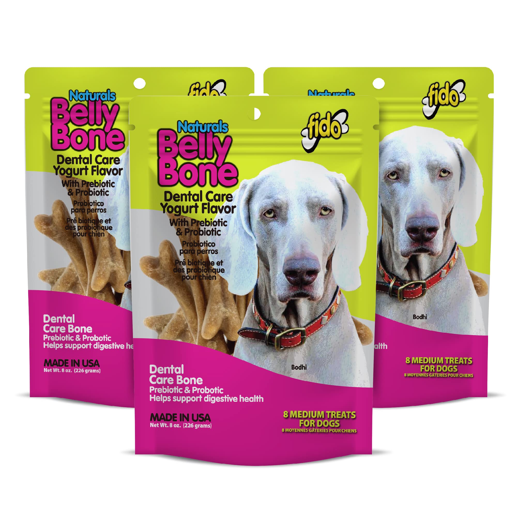 Fido Belly Bones en paquete de tres bolsas para perros medianos.