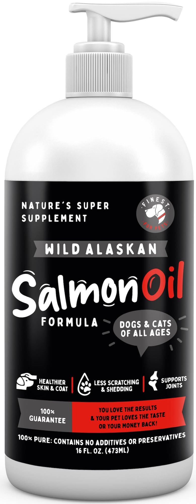 Finest For Pets: frente del bote de aceite de salmón Alaska, apoyo para piel y pelaje saludables.