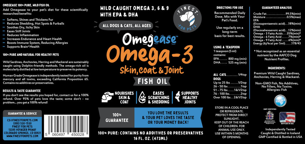 Finest For Pets Omegease etiqueta clara y garantía de satisfacción al 100%.