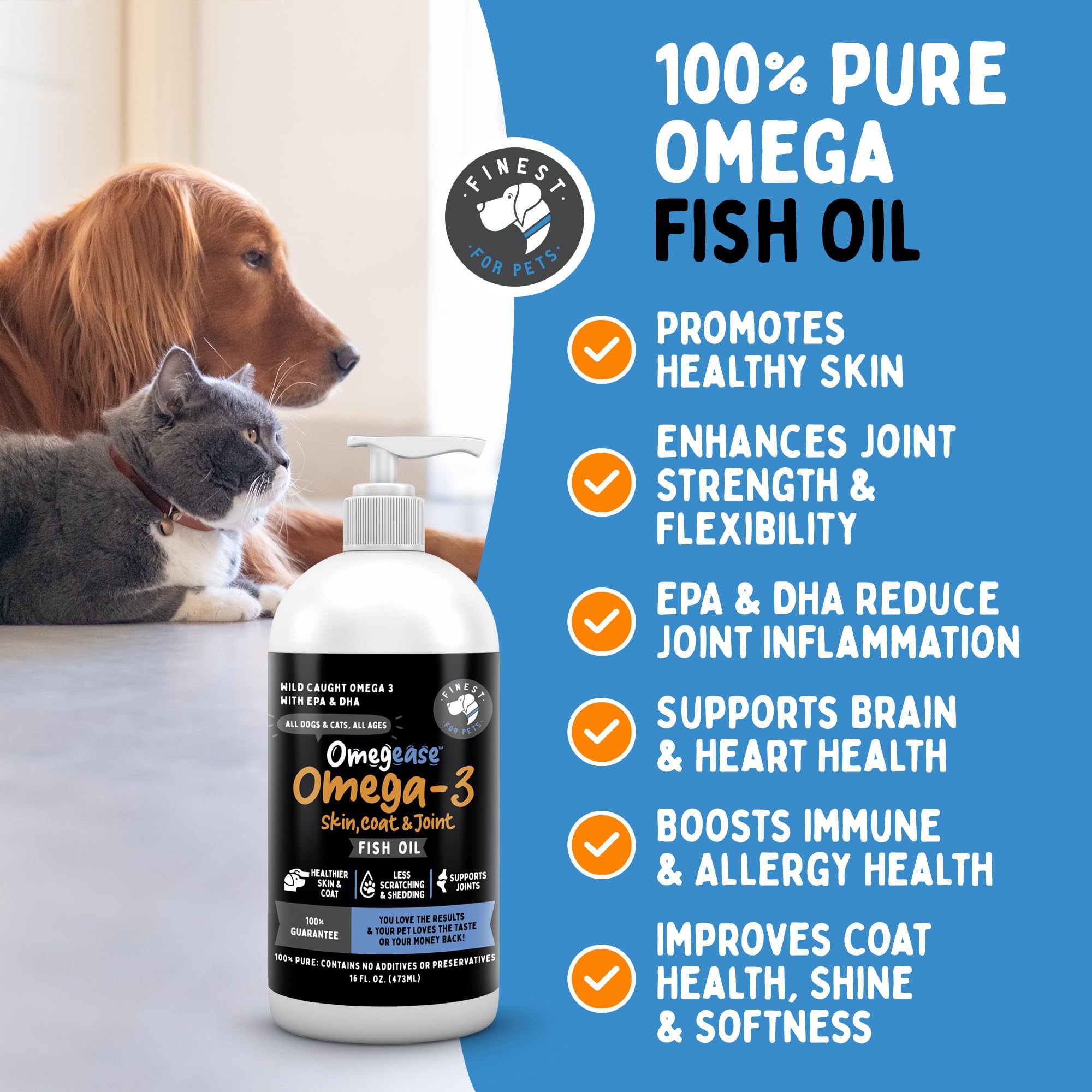 Finest For Pets Omegease frasco 8oz para dosificación fácil en perros y gatos.