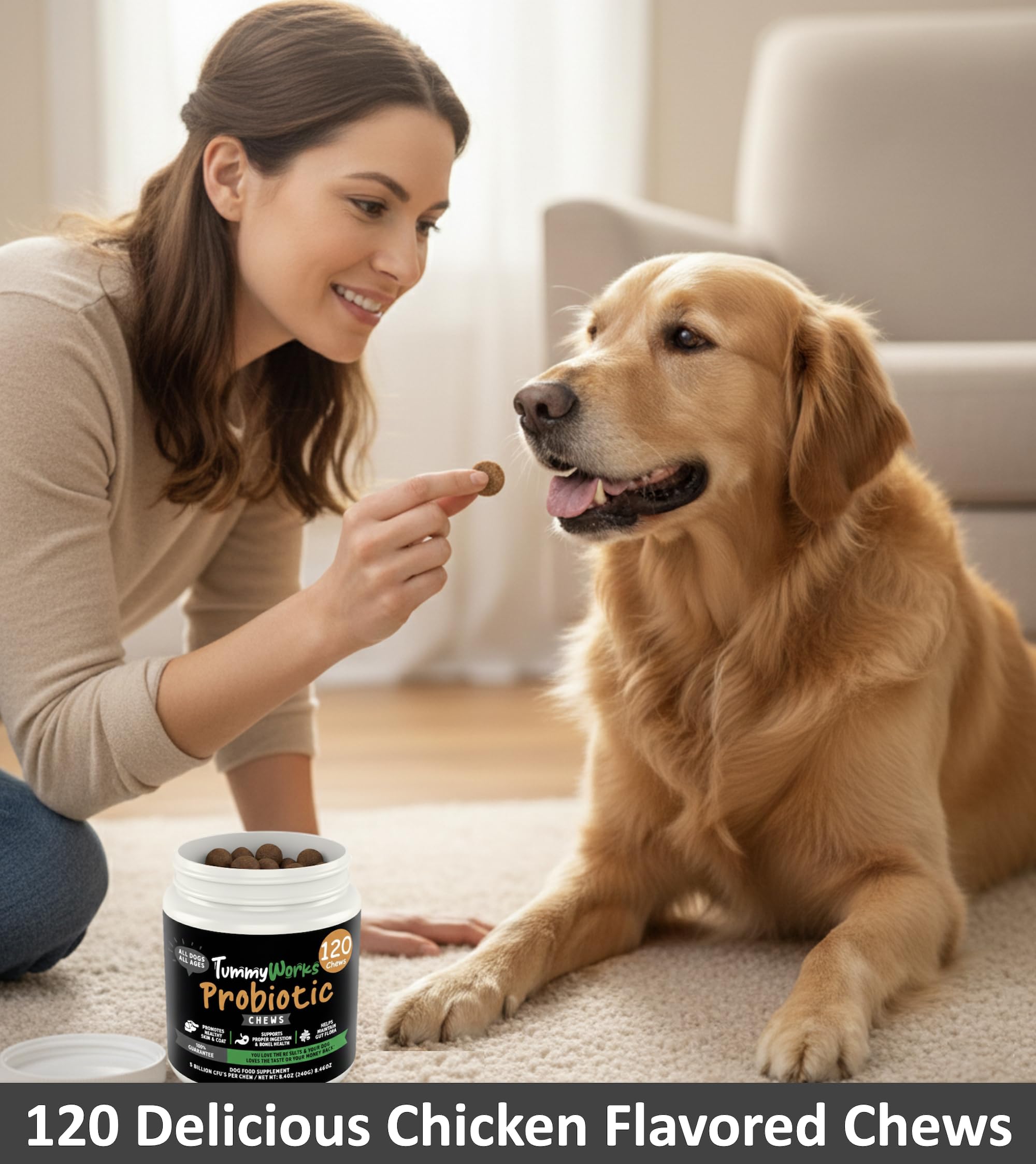Etiqueta frontal de TummyWorks Probiotics con información del producto