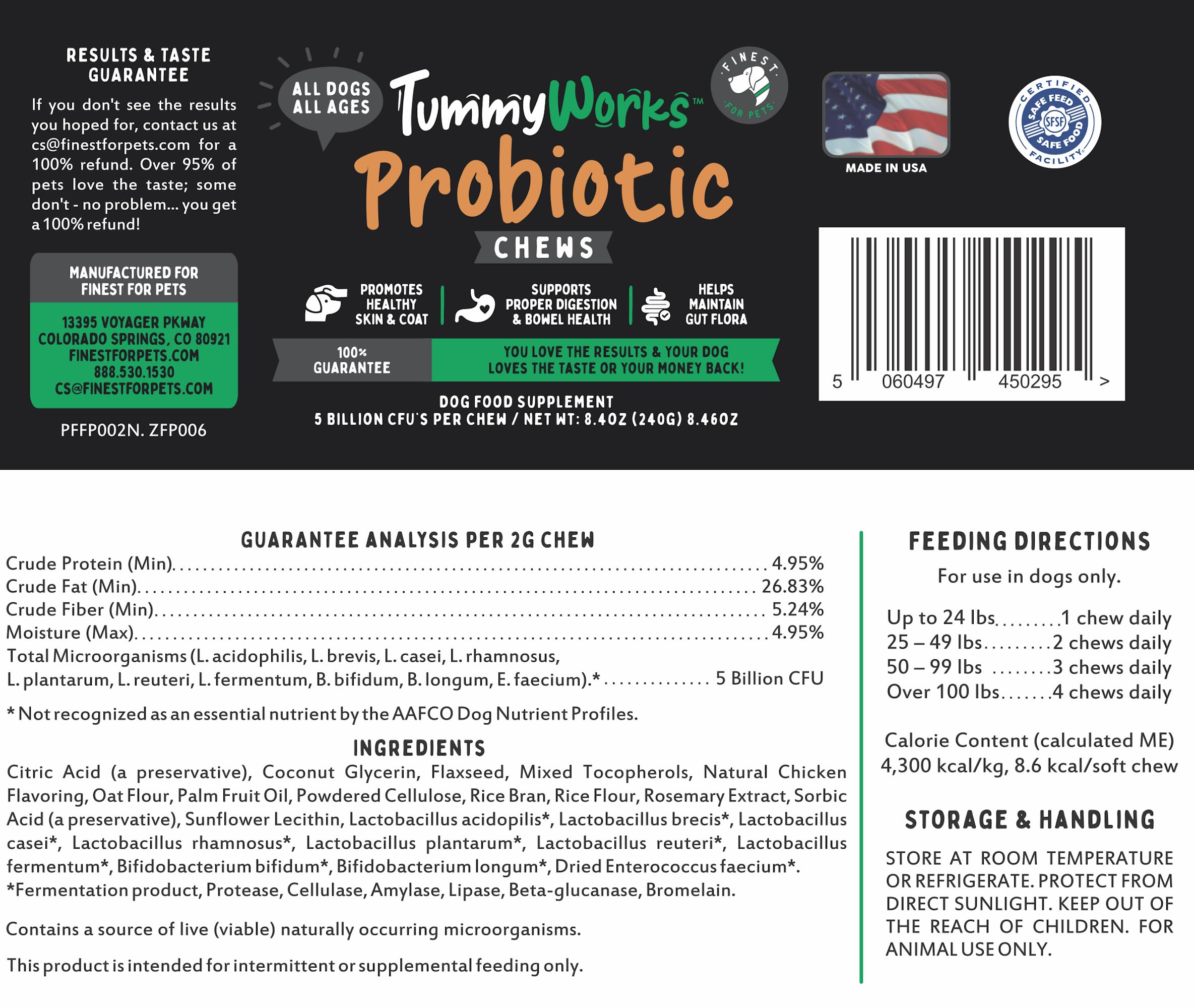 Frente del envase Finest For Pets y TummyWorks Probiotics para el hogar
