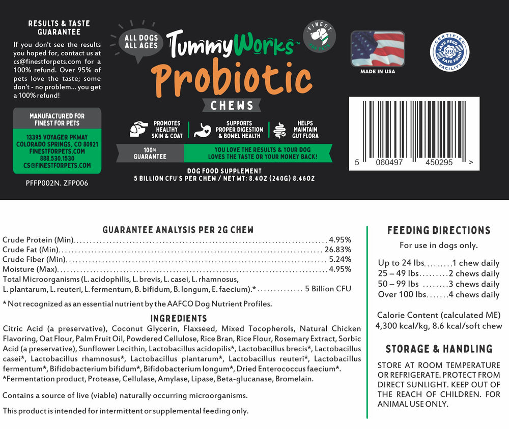 Frente del envase Finest For Pets y TummyWorks Probiotics para el hogar