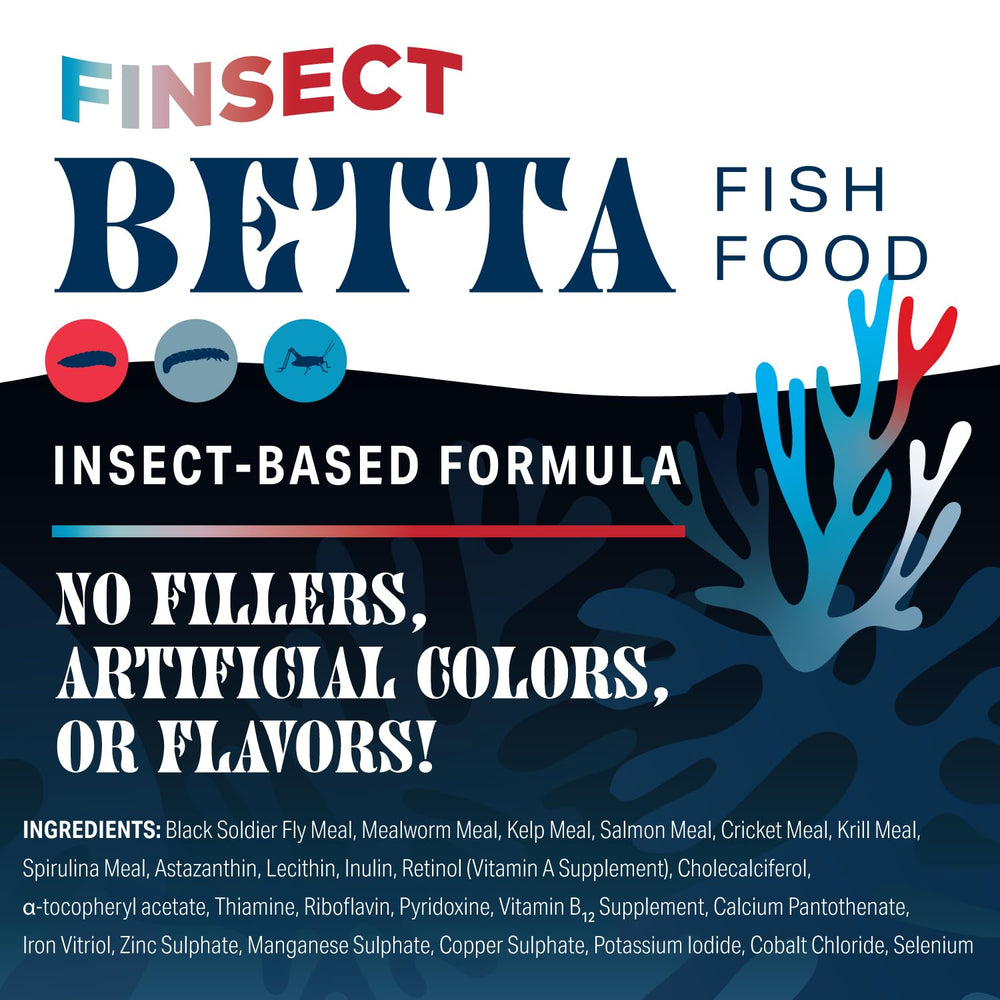 Nutrición natural de Finsect Betta Food Crumbles sin rellenos artificiales.