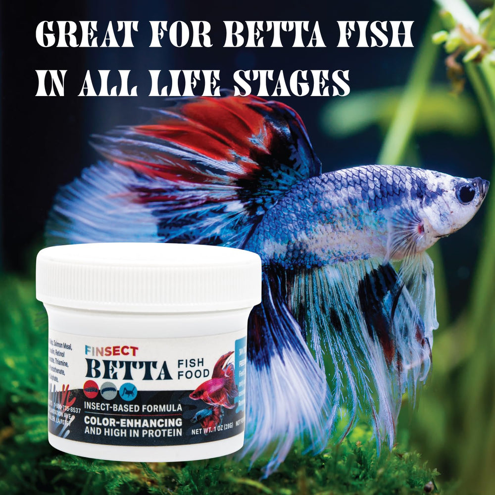 Finsect Betta Food Crumbles sin rellenos, dieta limpia para acuarios.