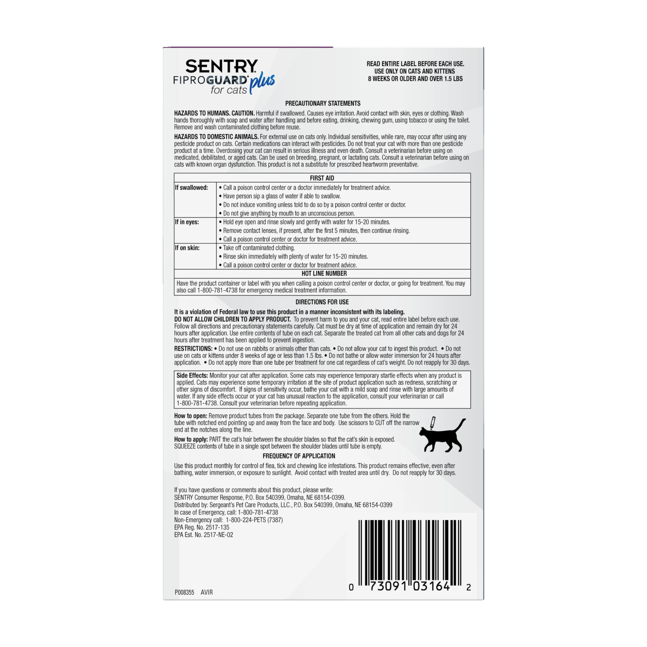 Sentry Fiproguard Plus para gatos, protección en casa frente a pulgas y garrapatas.