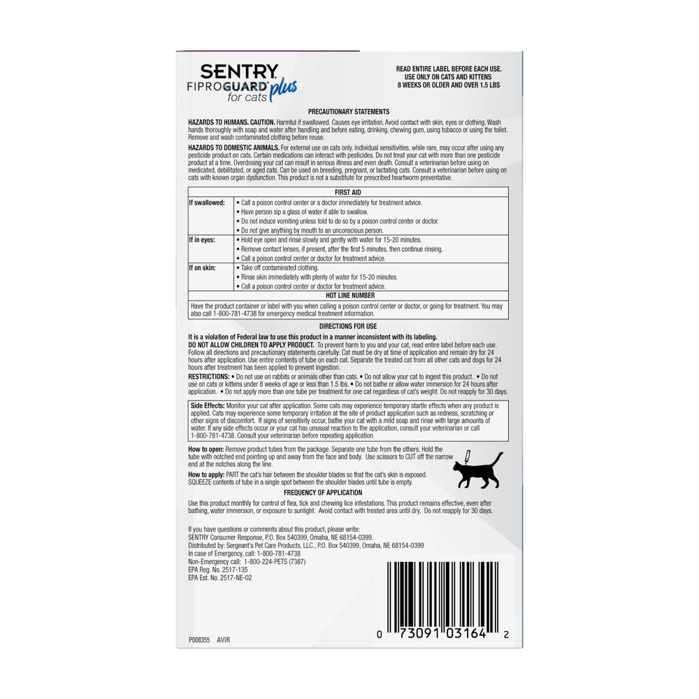 Sentry Fiproguard Plus para gatos, protección en casa frente a pulgas y garrapatas.
