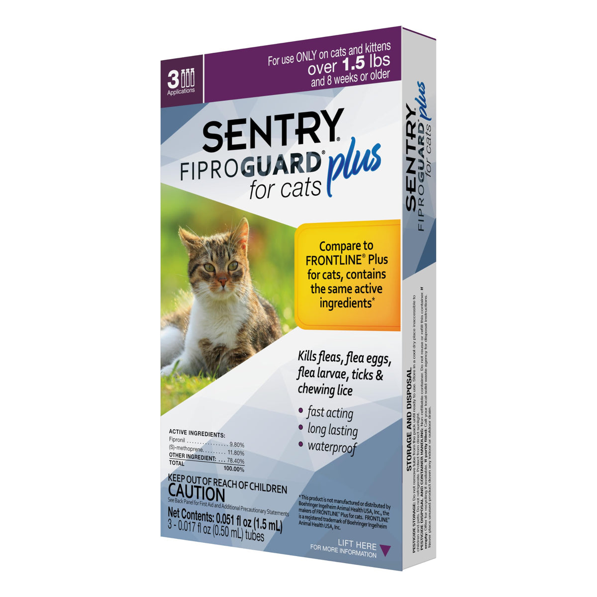 Sentry Fiproguard Plus para gatos, envase de 3 meses, protección contra pulgas y garrapatas.