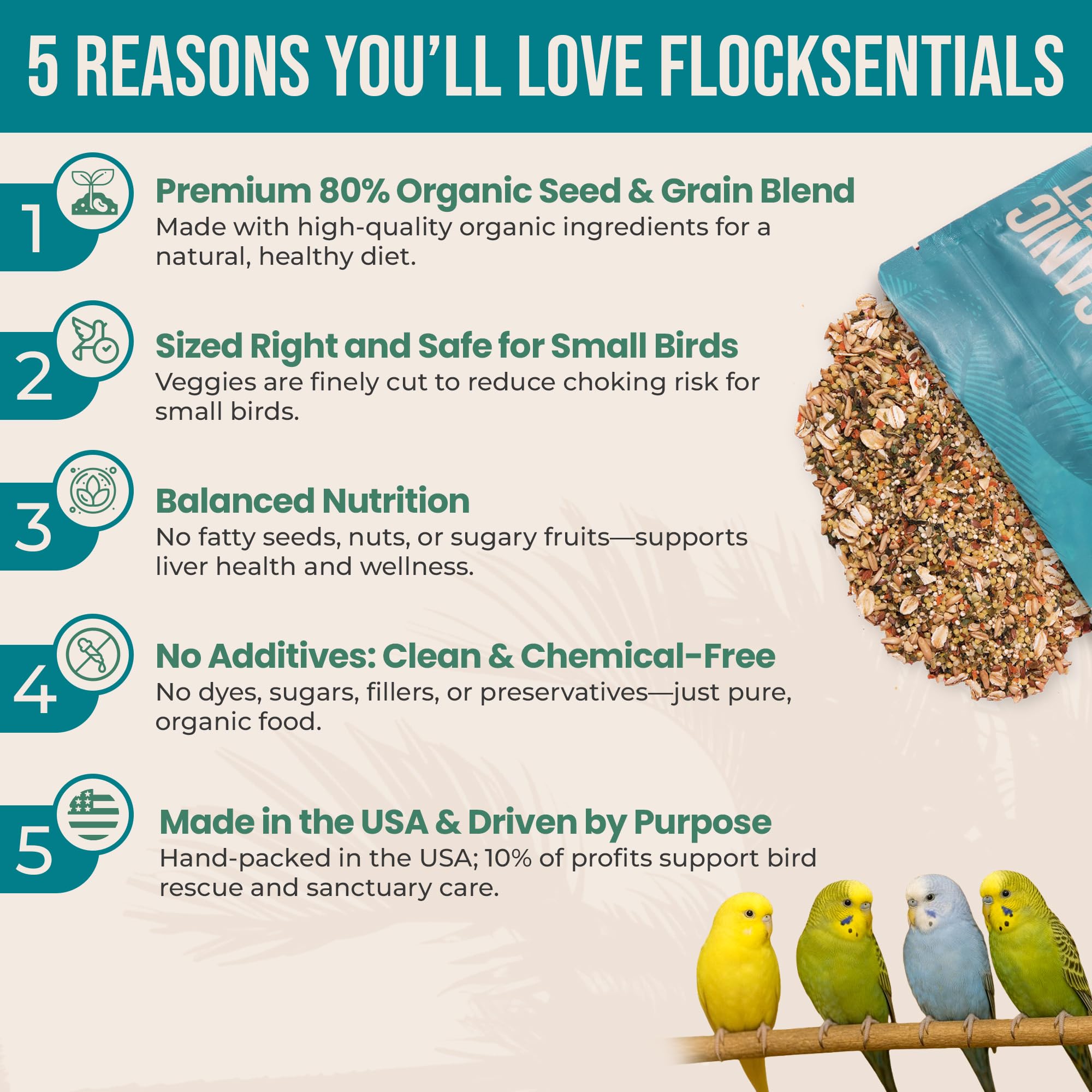 Flocksentials mezcla orgánica para loritos enanos, favorece alimentación balanceada y natural