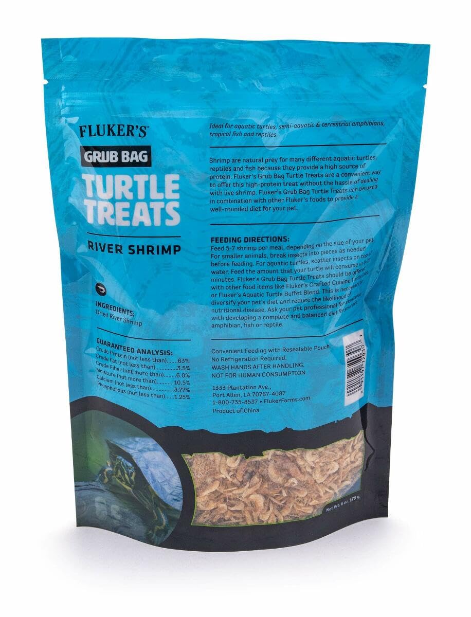 Fluker's Grub Bag Camarón de Río Deshidratado entrega proteína para tortugas y anfibios.