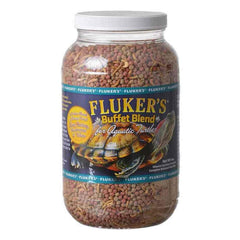 Alimento para tortugas Fluker's Buffet Blend con pellets flotantes y proteínas enriquecidas, envase de 4 libras.