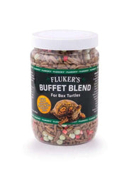 Fluker's Buffet Blend para tortugas de caja en envase, dieta completa para variedad nutricional.