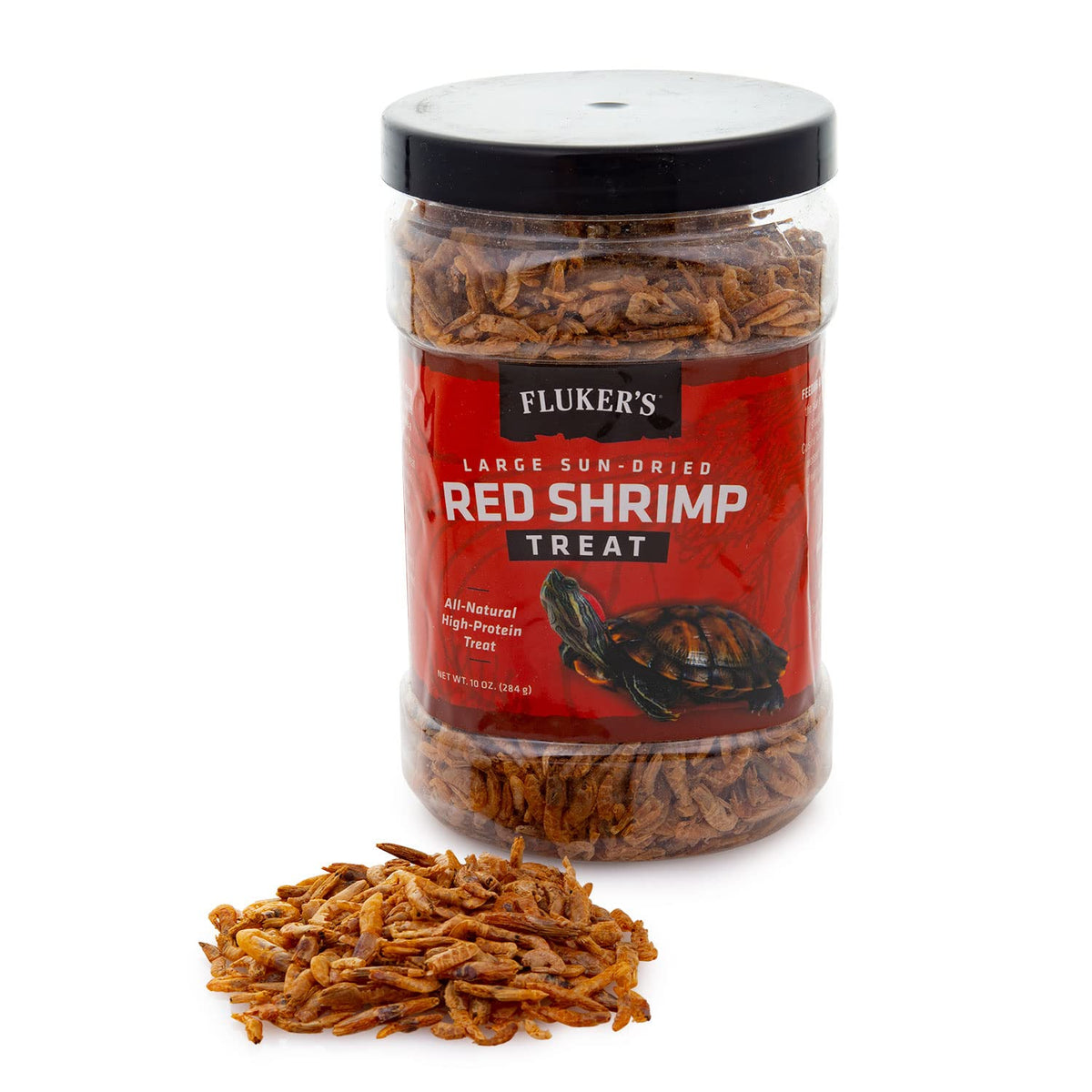 Fluker's Camarones Rojos Grandes al Sol, empaque visible, snack natural para tortugas acuáticas.